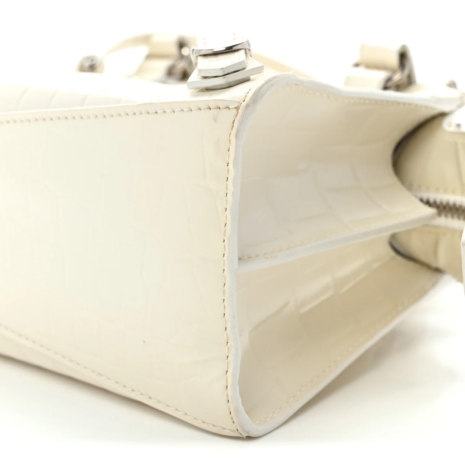 Semi Shiny Calfskin Crocodile Embossed Neo Classic Silver Hardware Nano City Crossbody White - Top Club