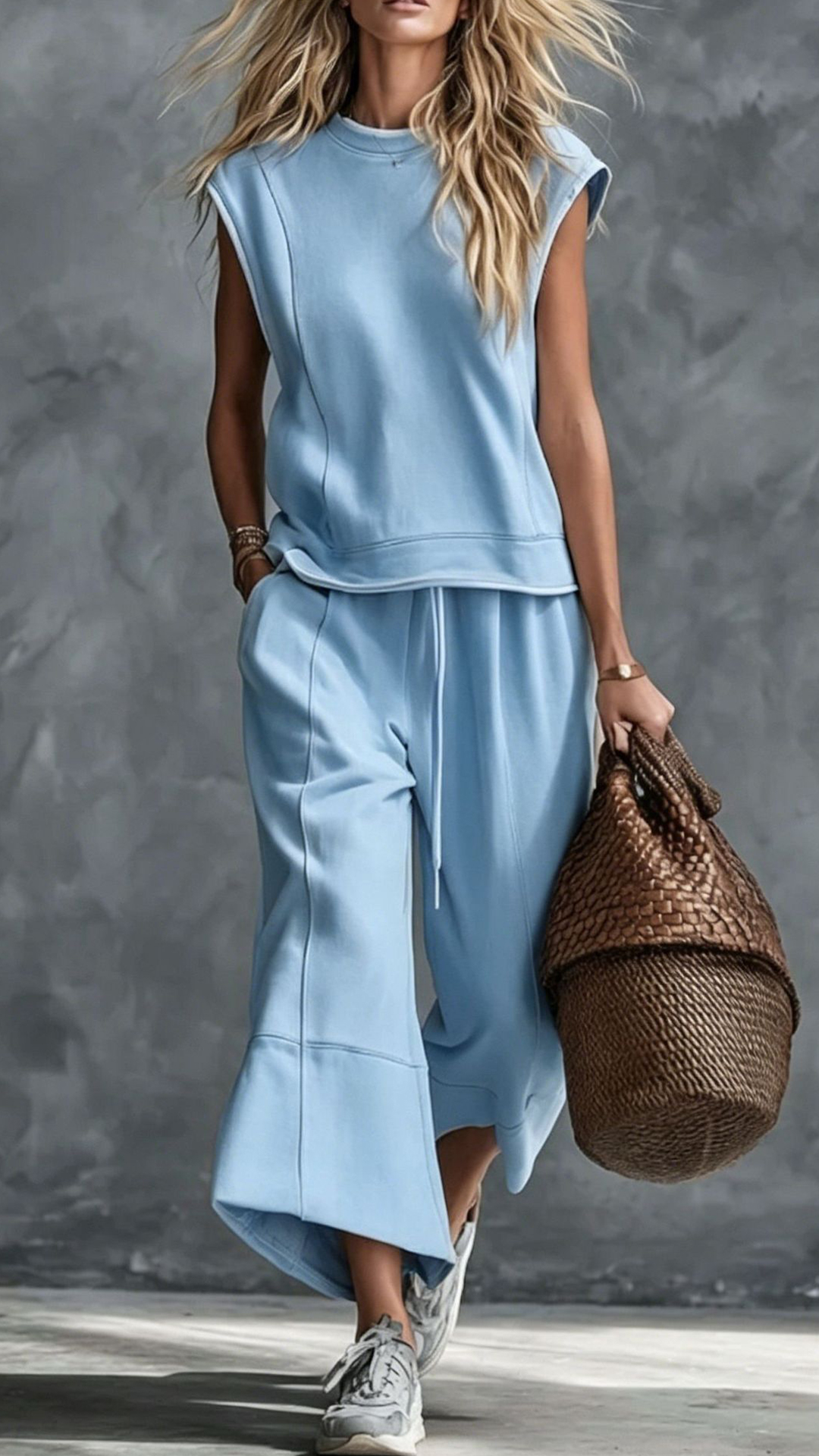 Women's Navy Sleeveless Wide-Leg Cotton-blend Two-piece Outfit - Nordfashionstorm - Women's Clothing, Fashion for You - Nordfashionstorm.com