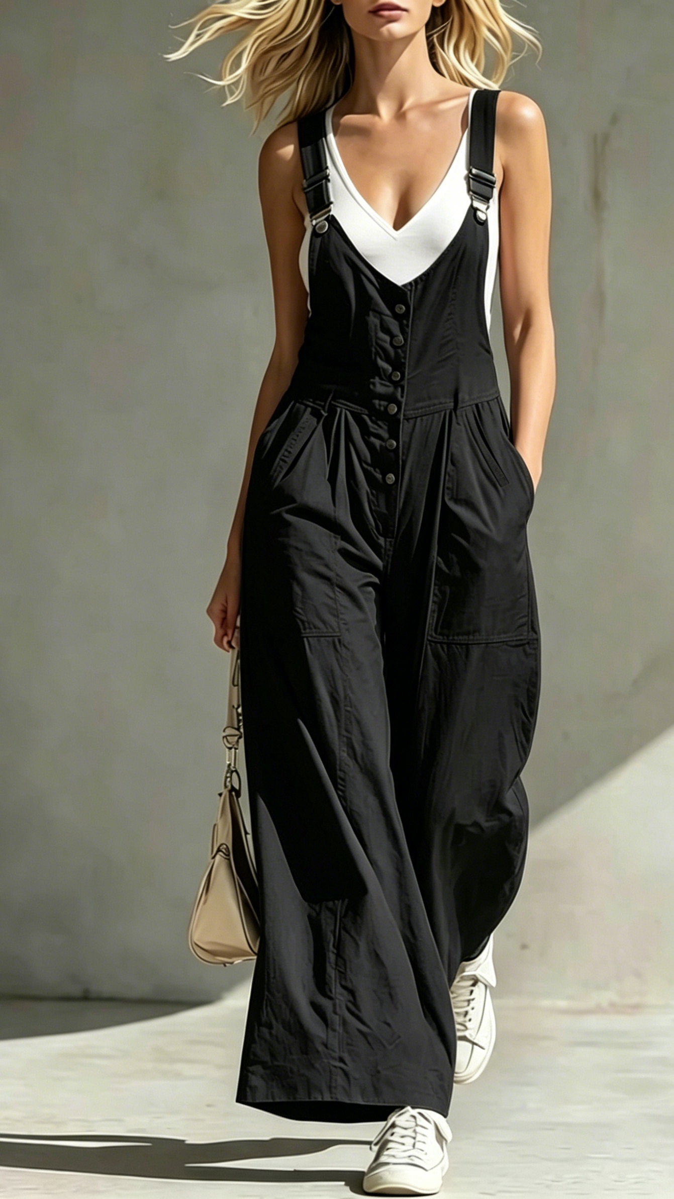 Women's V-Neck Jumpsuit with Pockets, Zipper, Buttons, Open Back, and Waist-Cinching Straps - Nordfashionstorm - Women's Clothing, Fashion for You - Nordfashionstorm.com
