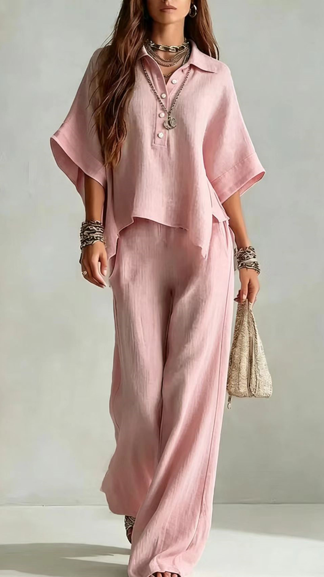 Women's Cotton-Blend Henley Neck Wide-Leg Pants Set - Nordfashionstorm - Women's Clothing, Fashion for You - Nordfashionstorm.com
