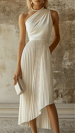 Women's Off‑White One‑Shoulder Pleated Asymmetrical Midi Dress - Nordfashionstorm - Women's Clothing, Fashion for You - Nordfashionstorm.com