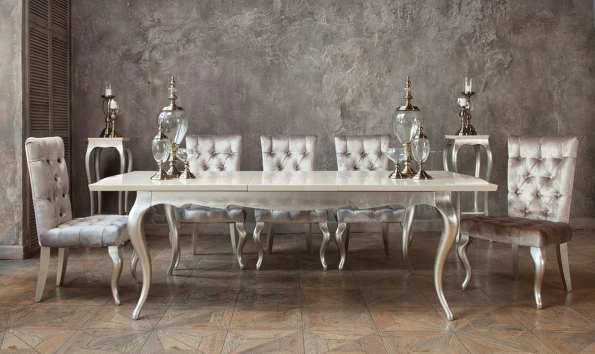 Art Deco dining table cream / silver 189-240 x 108 x H. 76 cm - Extendable solid wood kitchen table - Art Deco dining room furniture