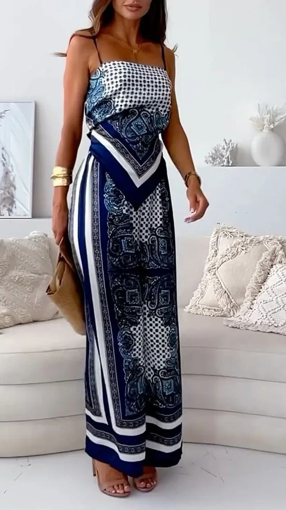 Women's Fashion Two-Piece Set: Printed Spaghetti Strap Bandeau Top + Allover-Print Trousers - Nordfashionstorm - Women's Clothing, Fashion for You - Nordfashionstorm.com