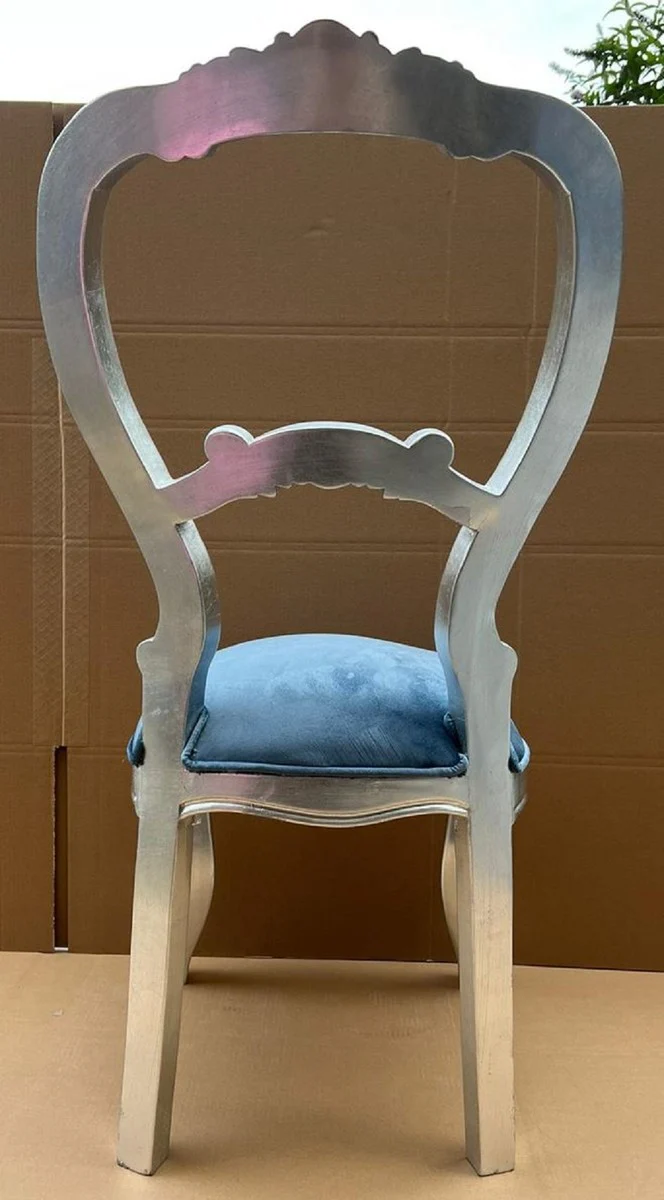 Luxury Baroque Women's Chair Blue / Silver - Handmade Baroque Style Dressing Table Chair - Luxury Bedroom Furniture in Baroque Style - Baroque Furniture - Noble & Magnificent