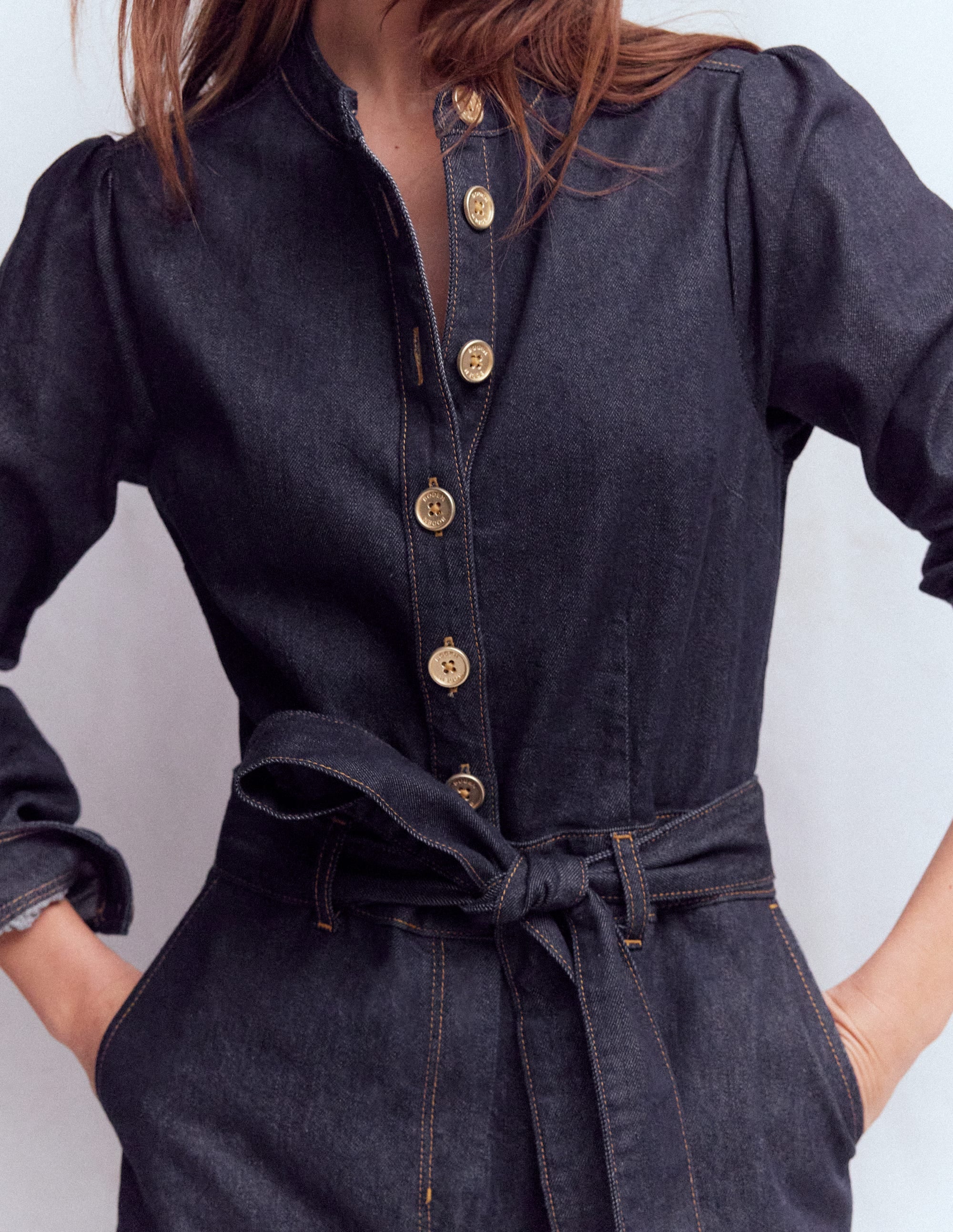 Bootcut-Jumpsuit aus Denim mit Knöpfen-Indigo