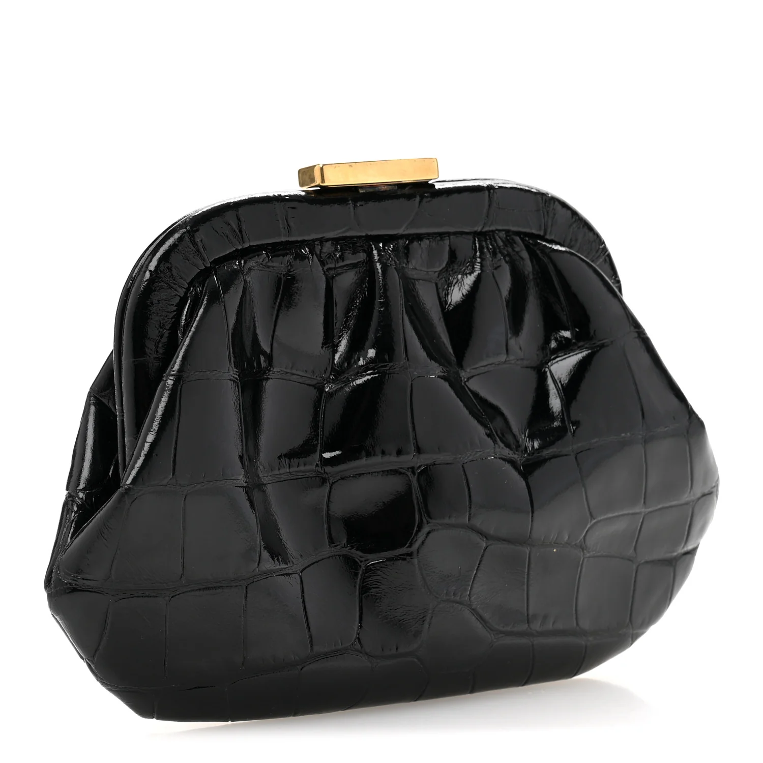 Shiny Supple Calfskin Logo Crocodile Embossed Cloud Coin Purse Black White - Top Club