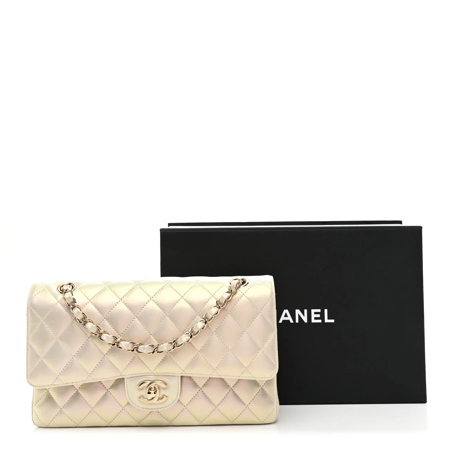 Iridescent Lambskin Quilted Medium Double Flap Ivory - Top Club
