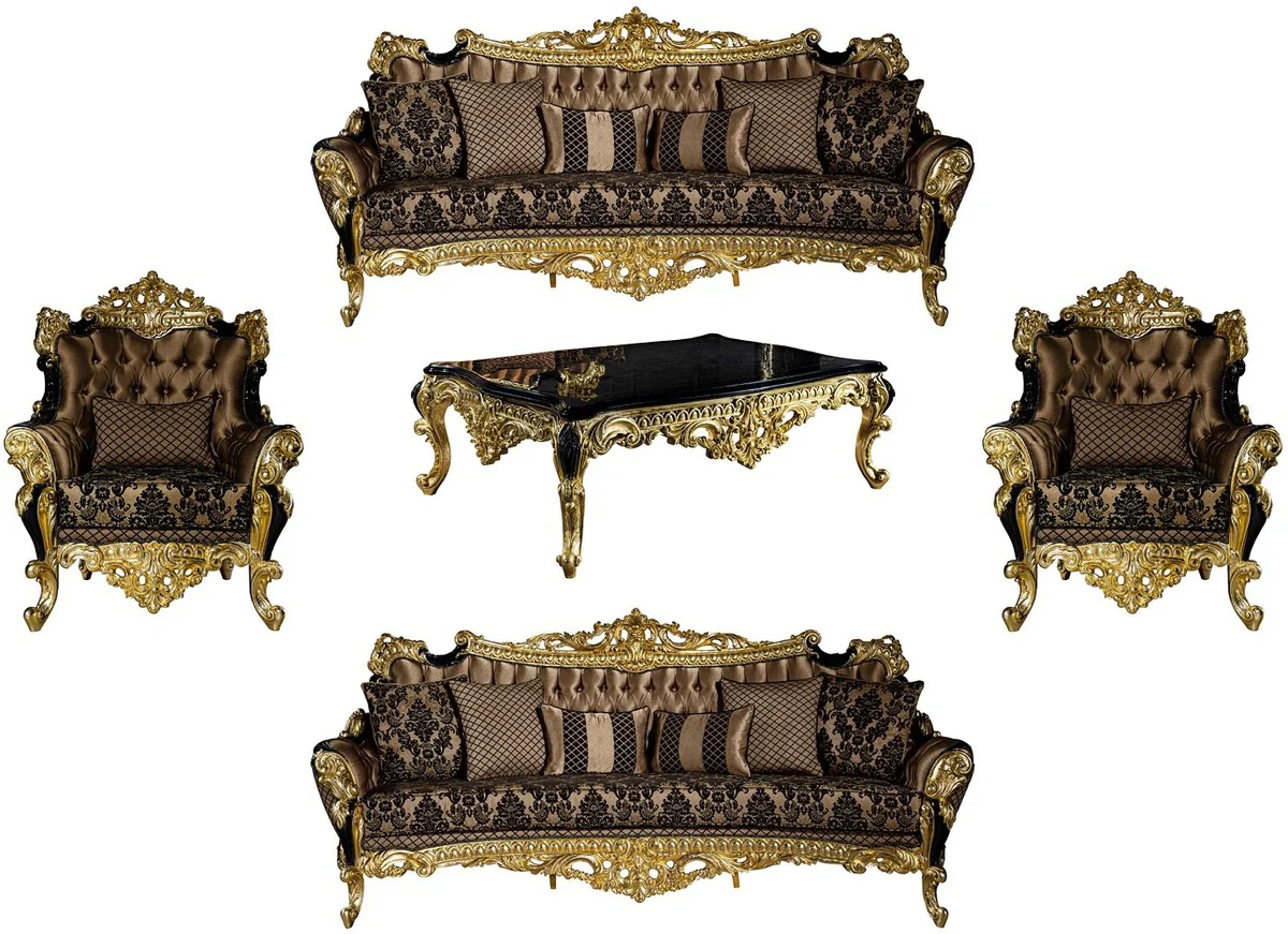 Luxury baroque living room set brown / black / gold - 2 sofas & 2 armchairs & 1 coffee table - magnificent living room furniture in baroque style