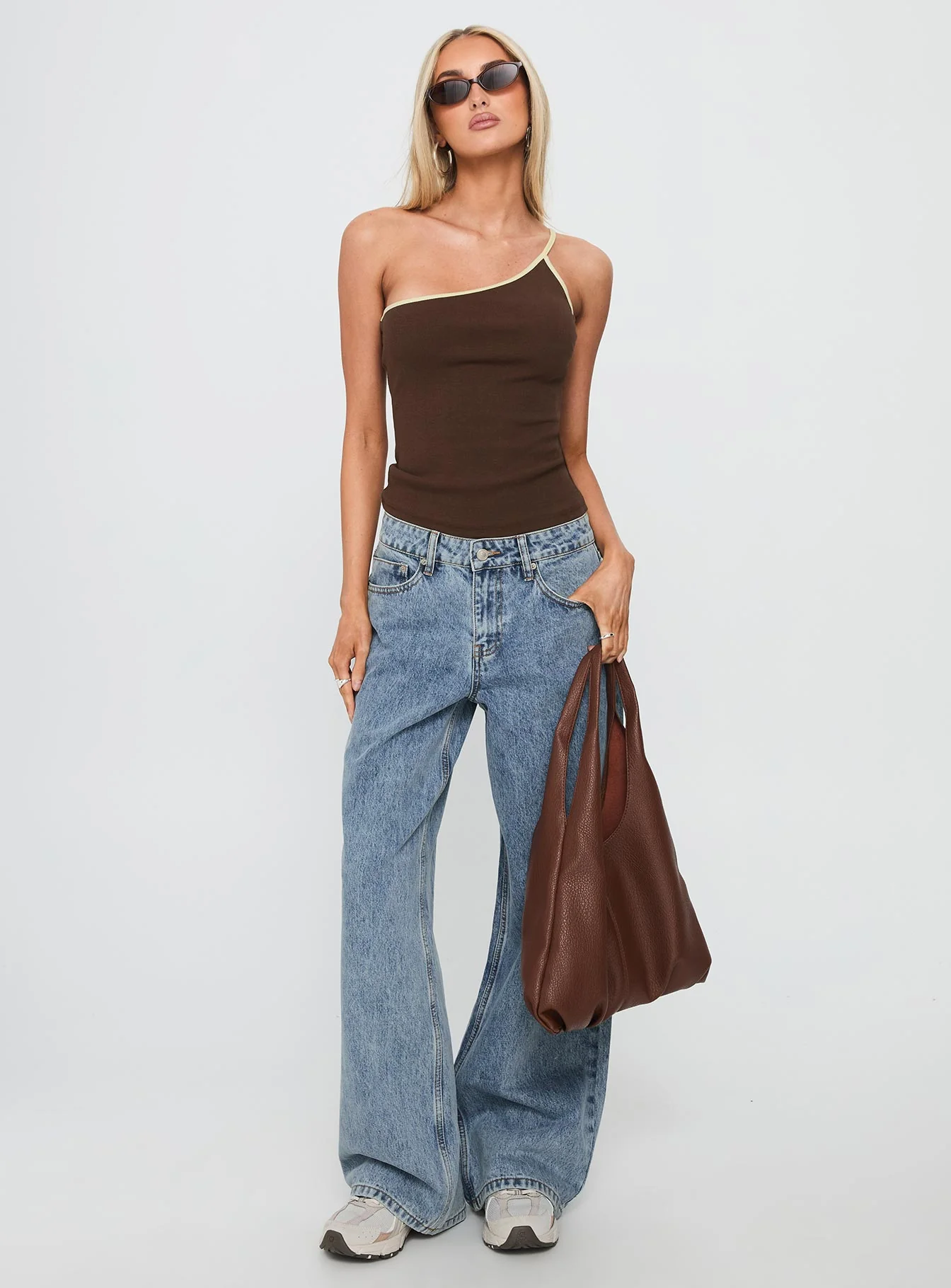Hold It Down One Shoulder Contrast Top Chocolate / Yellow