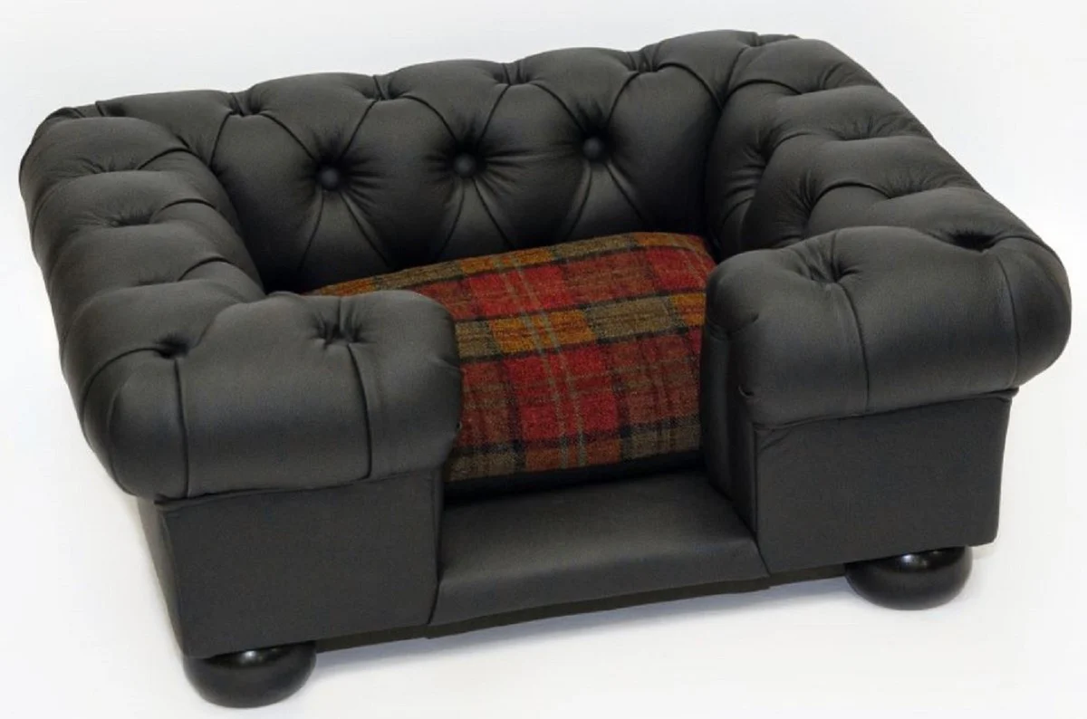 Luxury Chesterfield leather dog bed black / multicolored 109 x 89 x H. 37 cm - Rectangular genuine leather dog bed - Luxury Chesterfield leather pet furniture