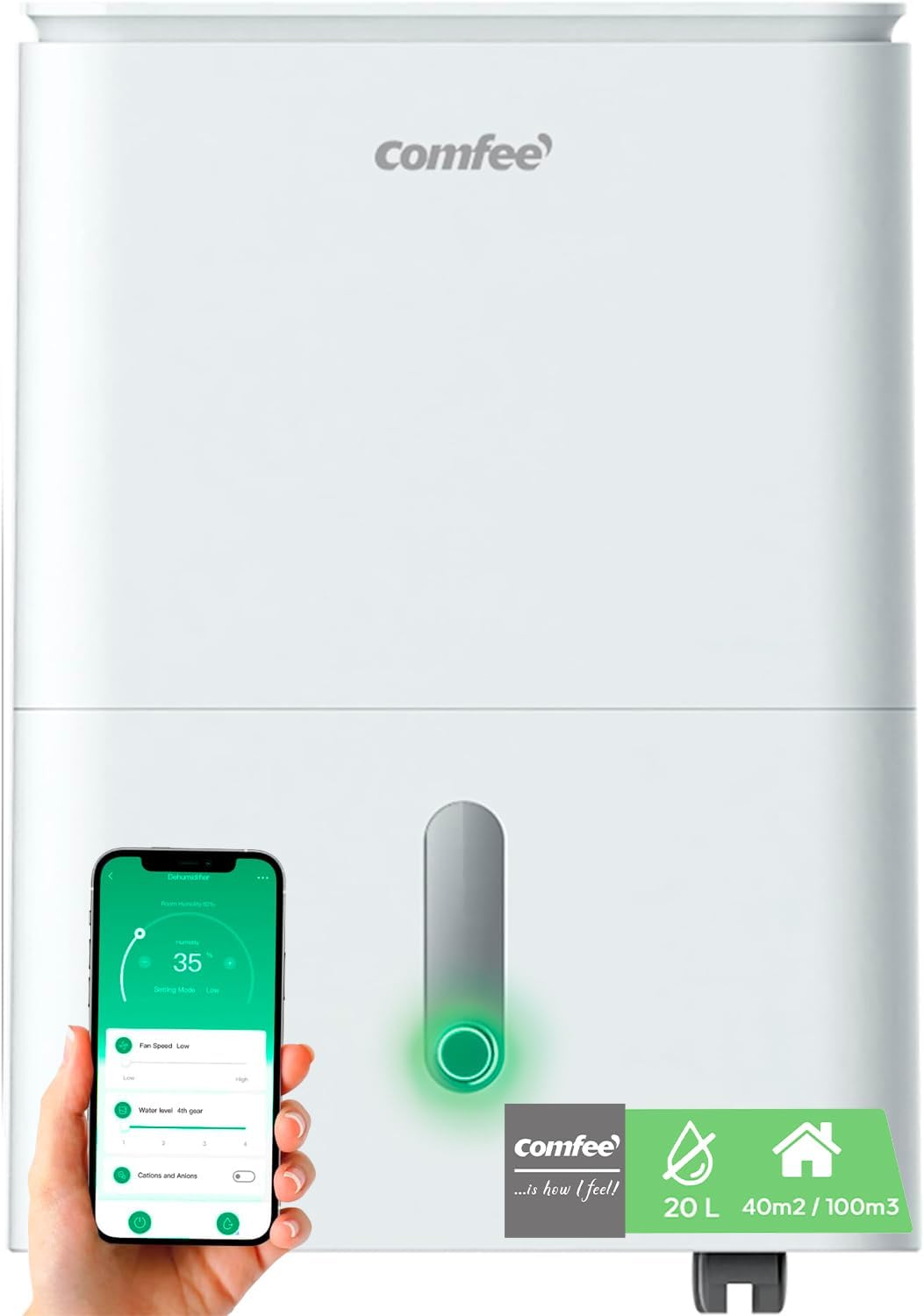 Deumidificatore 2-EN-1, elimina l'umidità fino a 20L/Giorno, purificazione 'aria con ionizzatore, 4 modalità, funzione aria swing, controllo APP, ideale per stanze da 37-52㎡, Easy Dry 20