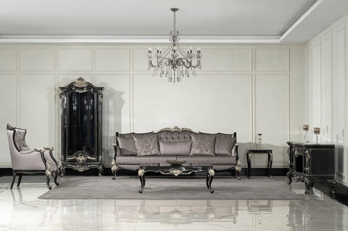 Luxury baroque display cabinet black / silver - magnificent solid wood display cabinet with glass door - handmade baroque furniture - noble and magnificent