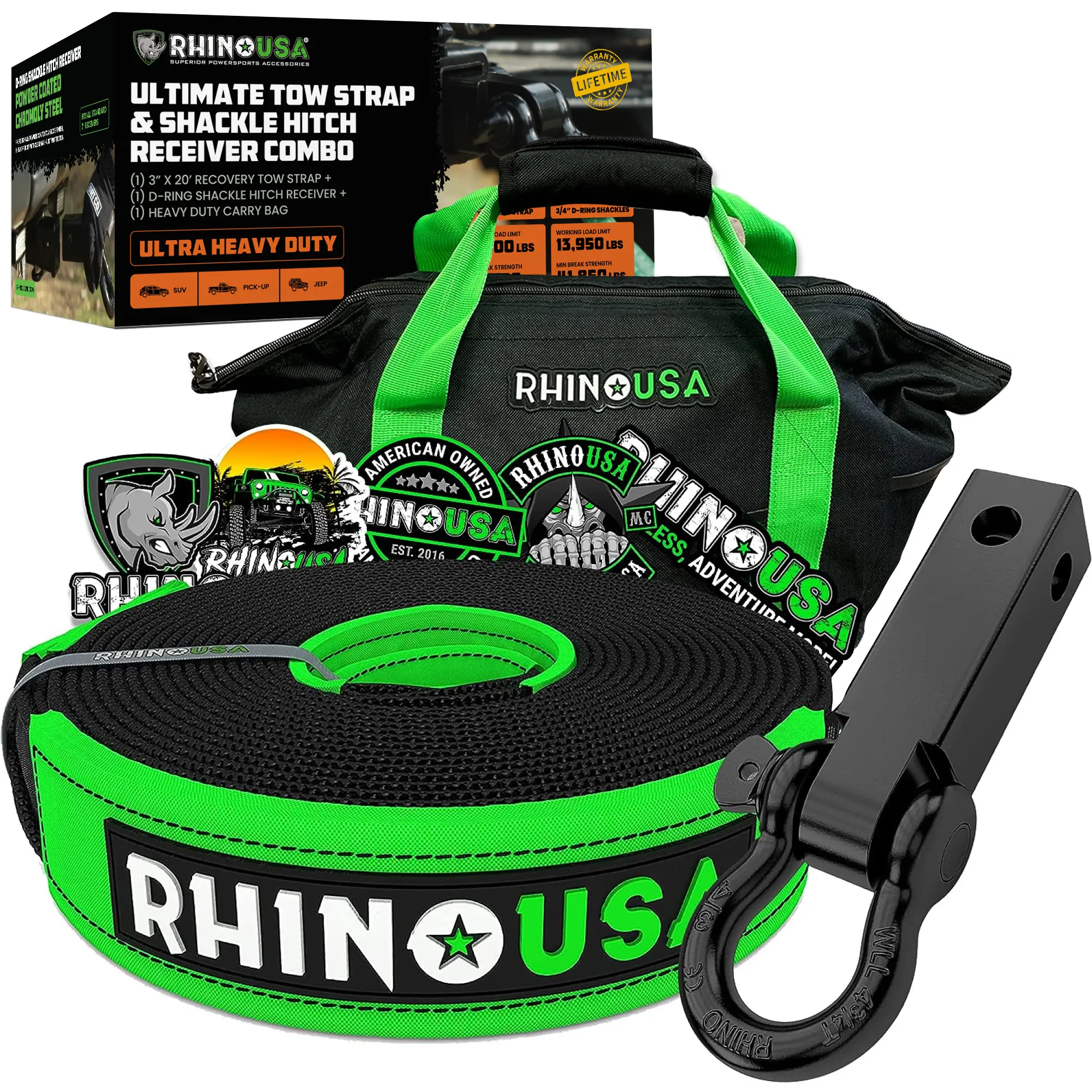 Rhino USA Heavy-Duty Recovery Gear Combos Off-Road Jeep Truck Vehicle Recovery, Best Offroad Towing Accessories - Backed for Life