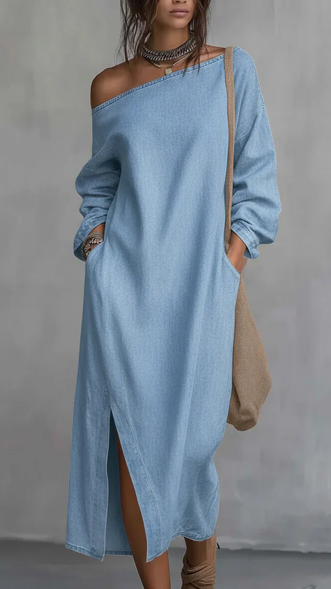 Women's Denim Off-the-Shoulder Long-Sleeve Dress - Nordfashionstorm - Women's Clothing, Fashion for You - Nordfashionstorm.com