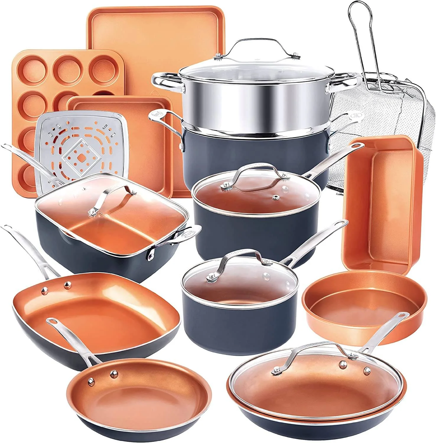 Steel Pots and Pans Set, 20 Piece Non-Stick Cookware Set, Durable Non-Stick Kitchen Set with Pan Set, Pot Set, Baking Set, Stay Cool Handles, Dishwasher Safe, 100% Toxin Free Copper