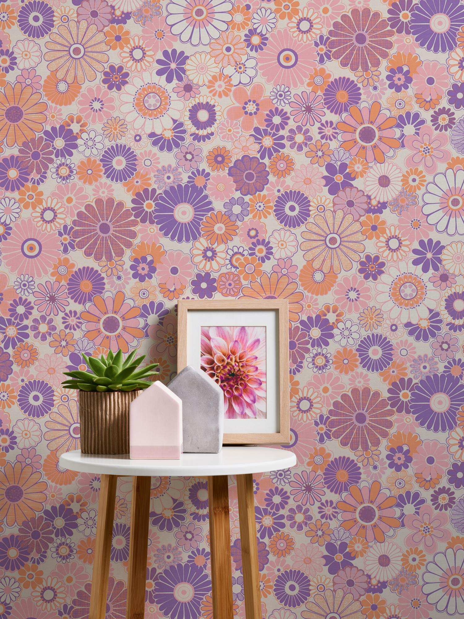 Licht gestructureerd vliesbehang met bloemmotieven – paars, oranje, roze #1