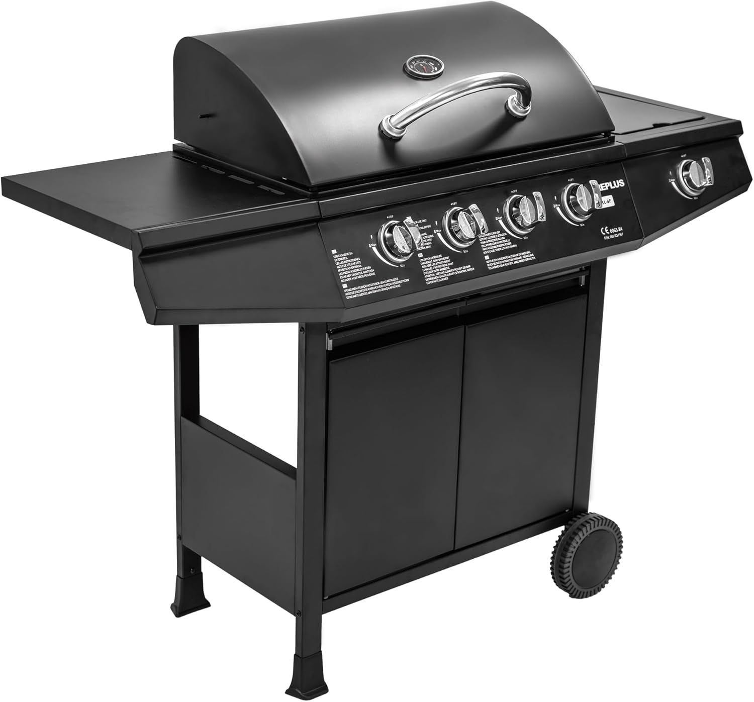 Amig - Barbecue a gas Fireplus 4+1 da 9,3 kW | Acciaio inossidabile Nero | Griglia ruote Moo GRILL-4F | Barbecue XXL con carrello e termometro | 126x52x103 cm | 5 bruciatori e Vassoio laterale