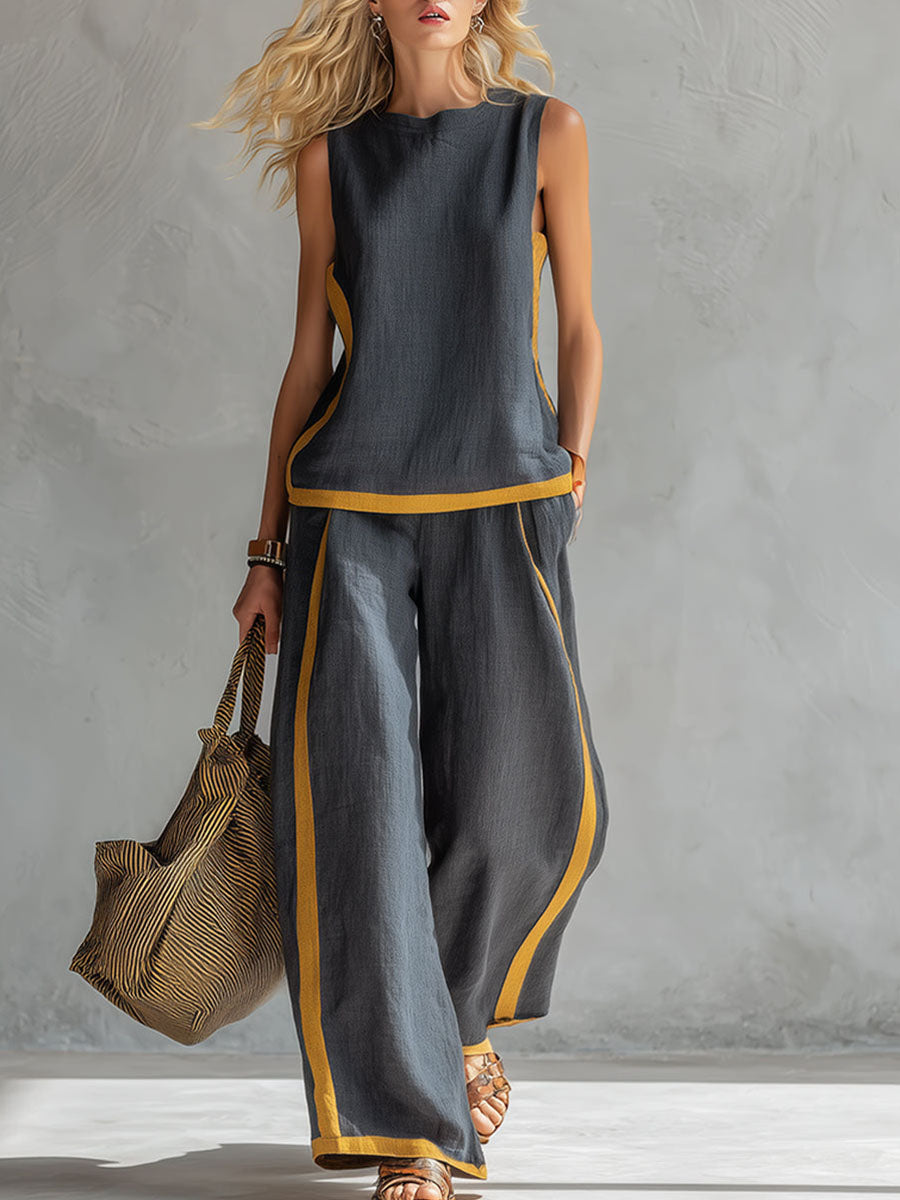 Plus Size Friendly Plus Size Friendly Women's Round Neck Sleeveless Casual Loose Top And High-waisted Loose Wide-leg Pants Cotton And Linen Set. - Nordfashionstorm - Women's Clothing, Fashion for You - Nordfashionstorm.com