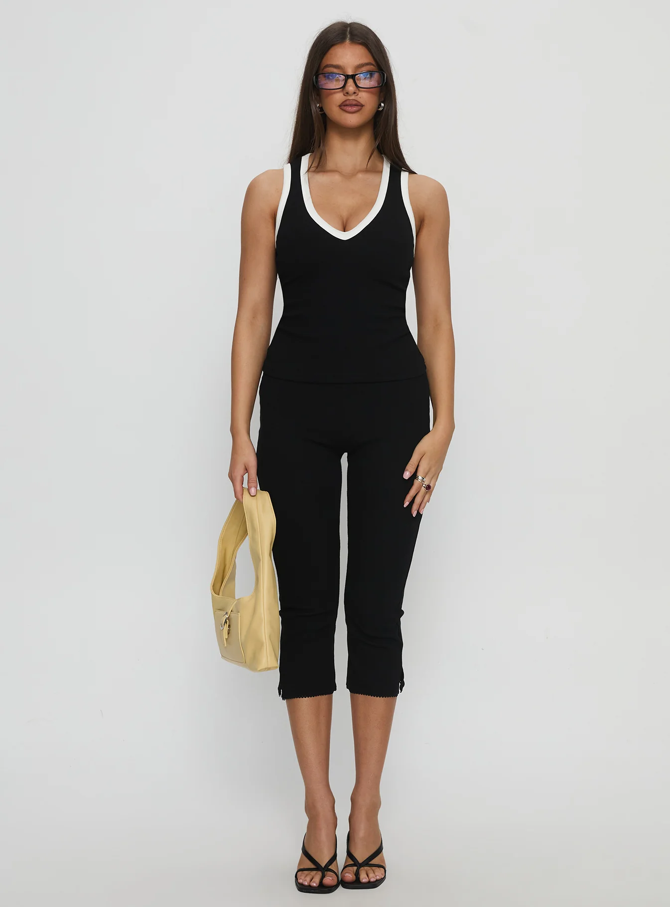 Baseline V Neck Rib Tank Top Black / White