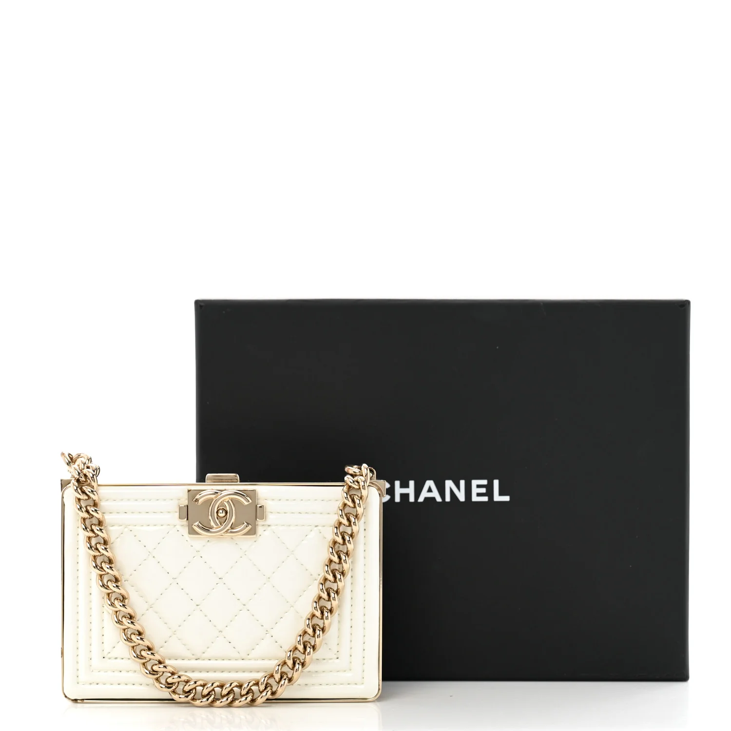 Patent Calfskin Boy Minaudiere White - Top Club