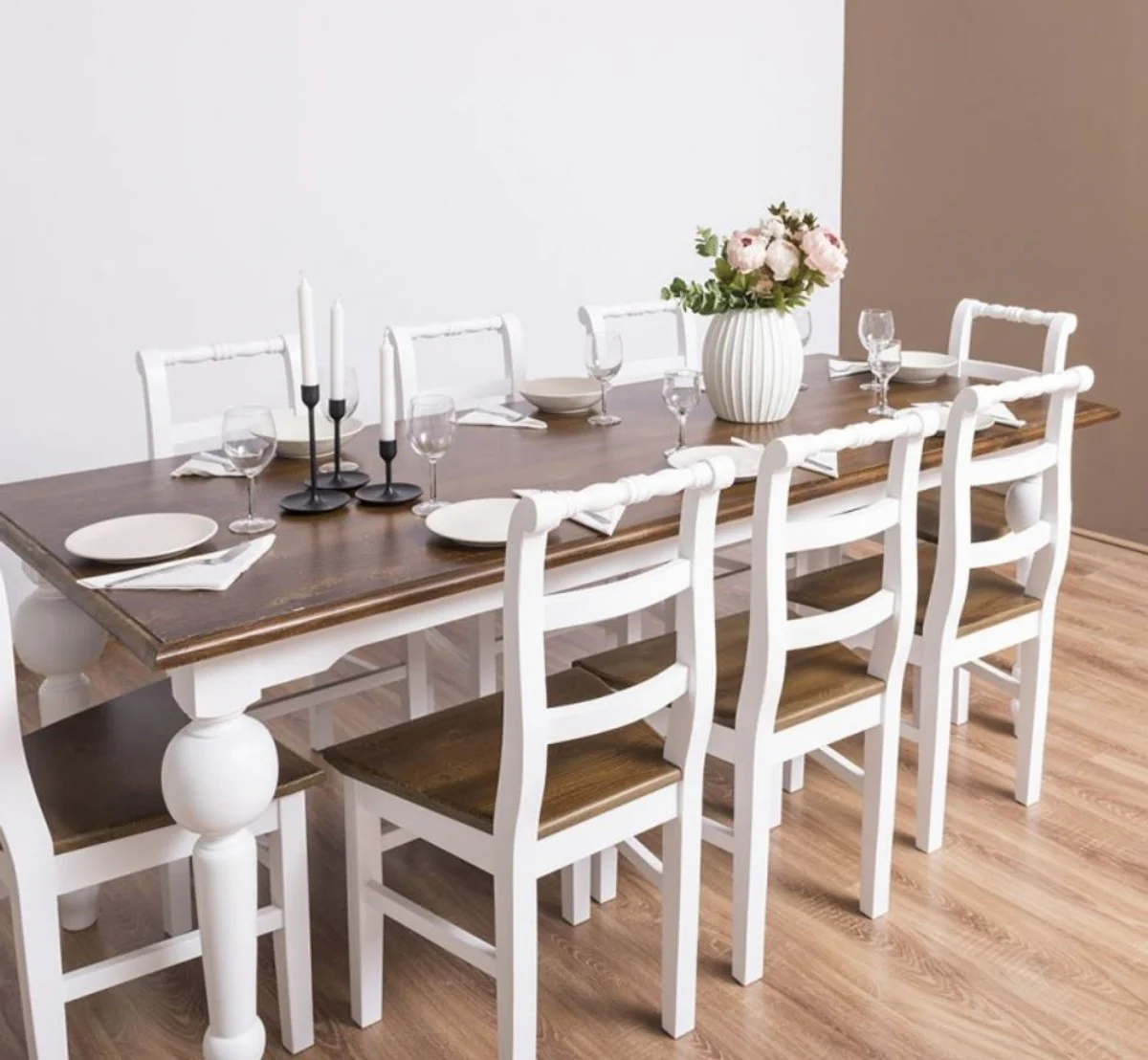 Country Style Dining Room Furniture Set Brown / White - 1 Dining Table & 8 Dining Room Chairs - Solid Wood Dining Room Furniture - Country Style Furniture