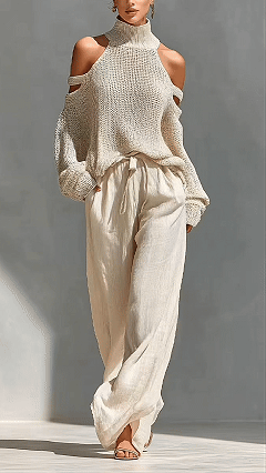 Women's Cotton-Blend Off-White Cold-Shoulder Knit Loose Set - Nordfashionstorm - Women's Clothing, Fashion for You - Nordfashionstorm.com