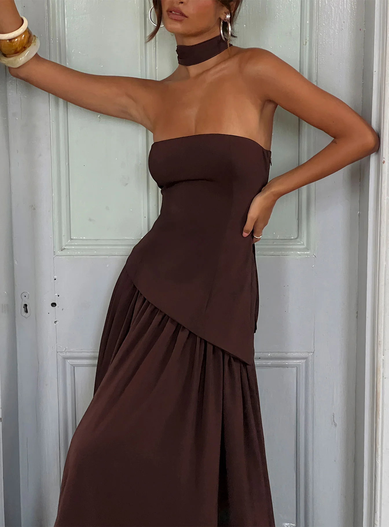 Odela Strapless Drop Waist Maxi Dress Chocolate