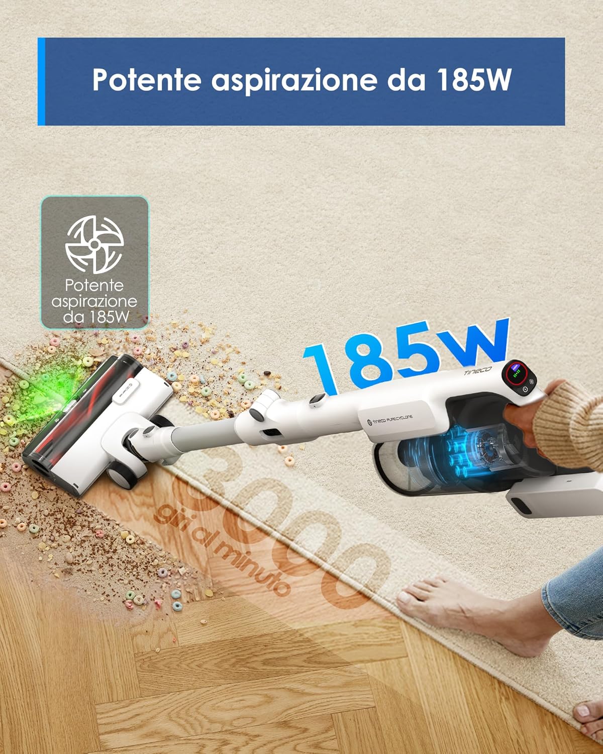 Tineco PURE ONE A50S Plus Aspirapolvere Senza Fili, 185W di Potenza di Aspirazione, 70 Minuti di Autonomia, Serbatoio Polvere da 1L, Spazzola 3DSense, Gestisce Facilmente Sporco di Grandi Dimensioni