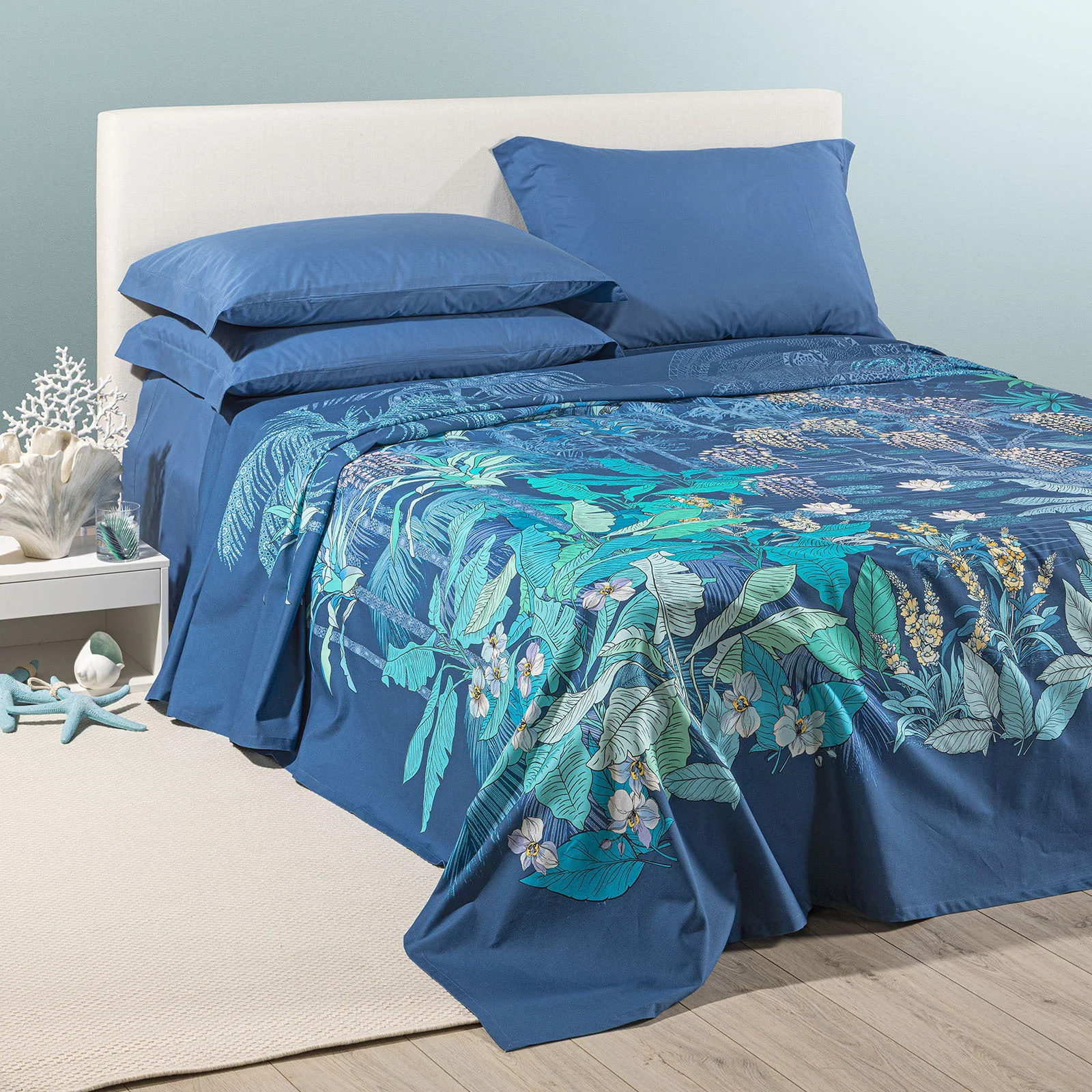 Copriletto Non Trapuntato In Cotone Panama Miami Beach Matrimoniale Blu Caleffi