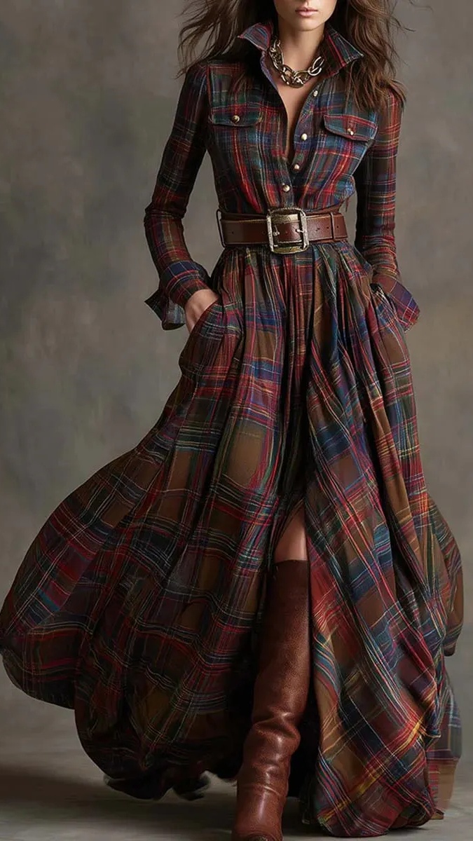 Women's Vintage Plaid Long Dress with Lapel Collar+Belt - Nordfashionstorm - Women's Clothing, Fashion for You - Nordfashionstorm.com