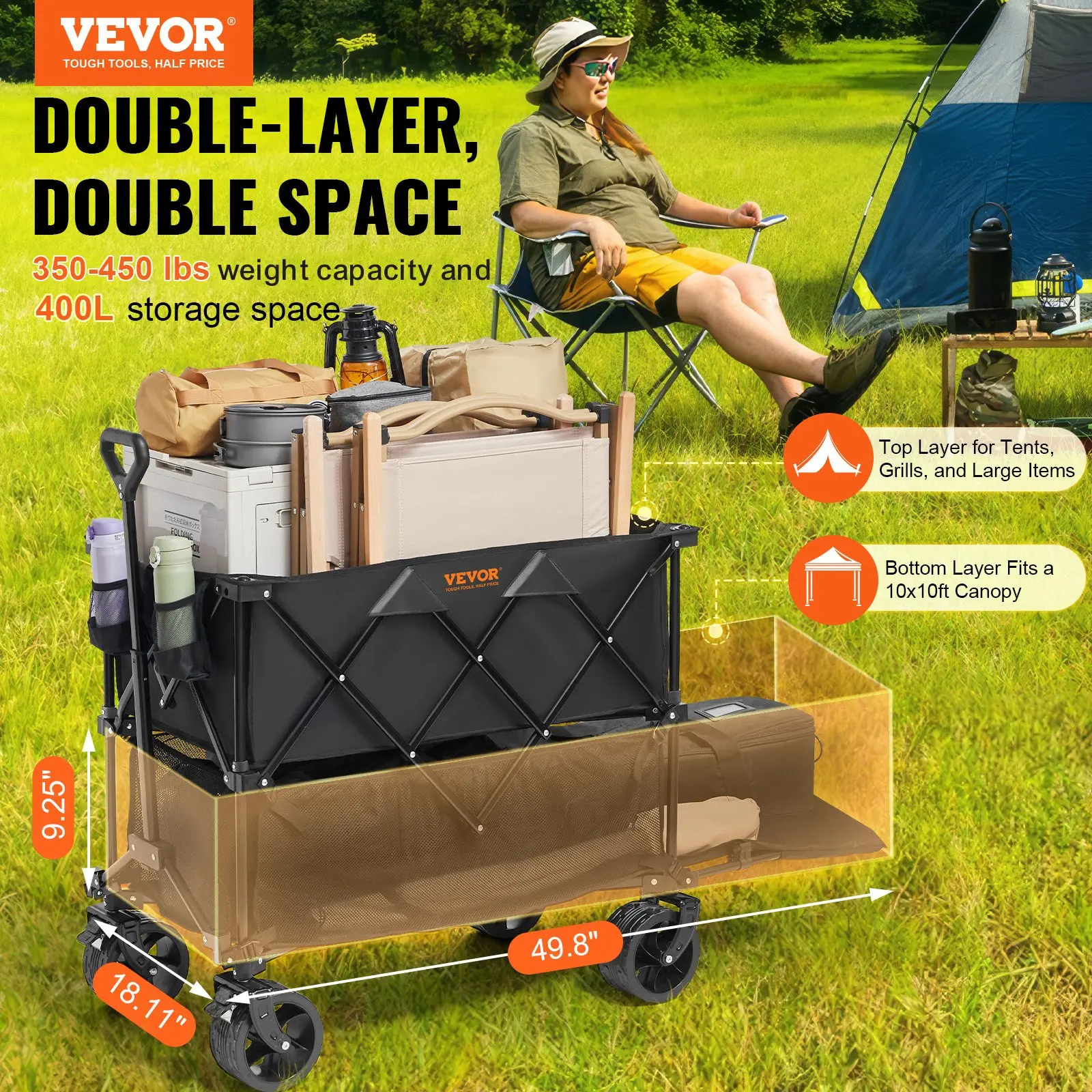 【Summerfinds】VEVOR Foldable Double Decker Wagon Collapsible Wagon Cart with All-Terrain Wheels Heavy Duty Folding Wagon Cart for Camping, Shopping, Garden, 52