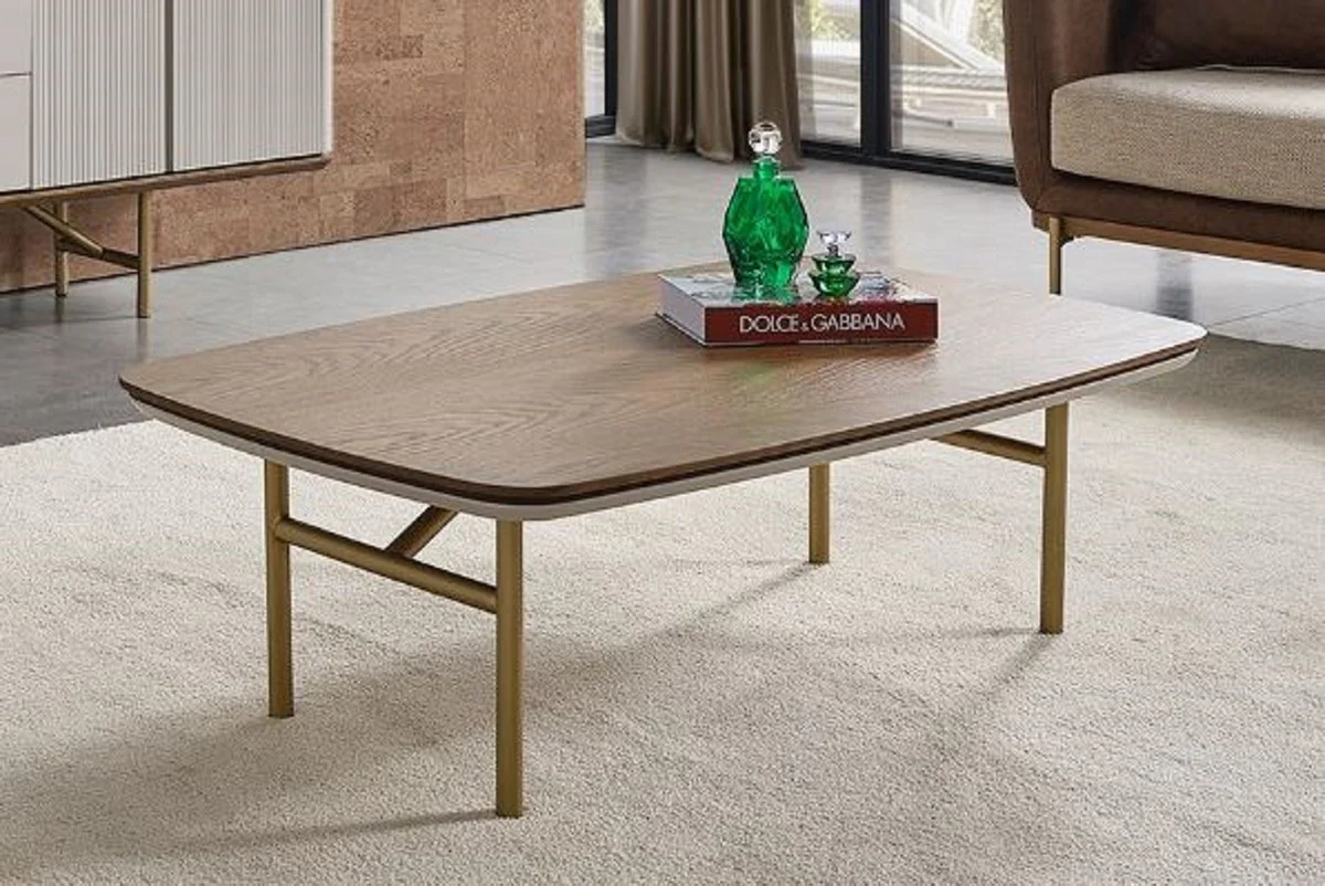Luxury coffee table brown / light gray / brass 120 x 68 x H. 35 cm - Rectangular solid wood living room table - Living room furniture - Luxury furniture - Luxury furnishings