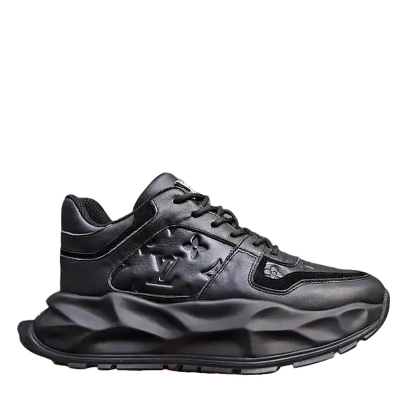 Louis Vuitton Men's Black Leather Sneakers With Unique Textured Sole - Sneaker Replica Workshop