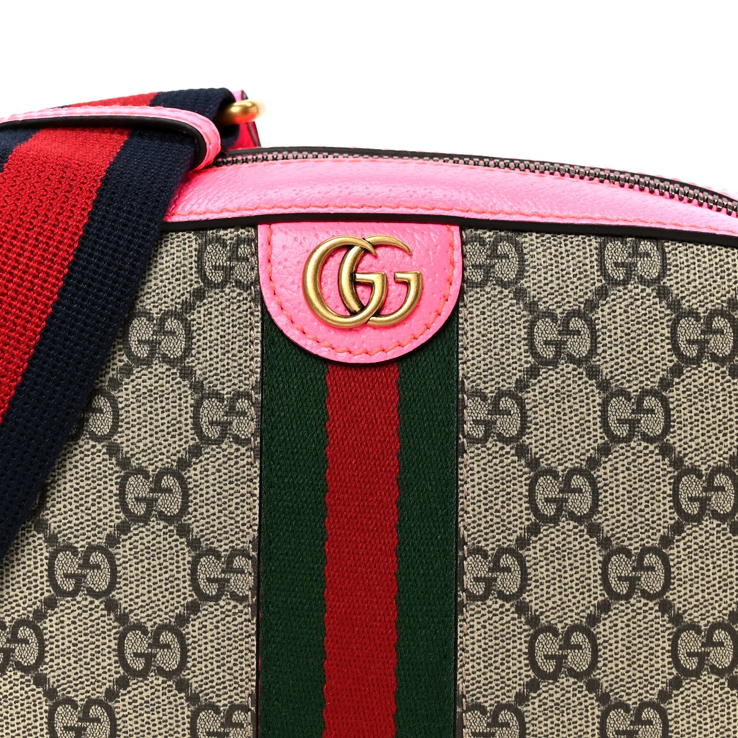 GG Supreme Monogram Textured Dollar Calfskin Web Ophidia Small Crossbody Bag Beige Ebony Fuchsia - Top Club