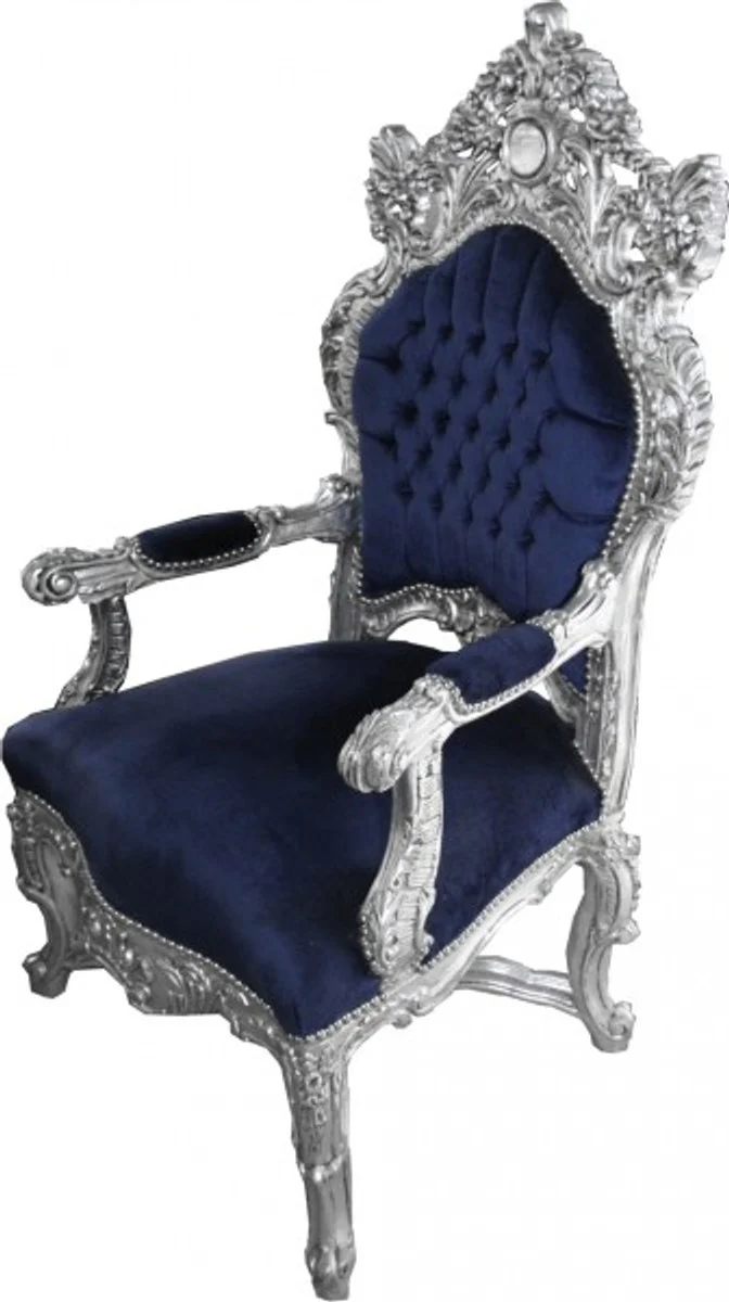 Baroque throne armchair royal blue / silver - unique - Baroque furniture Tron royal armchair