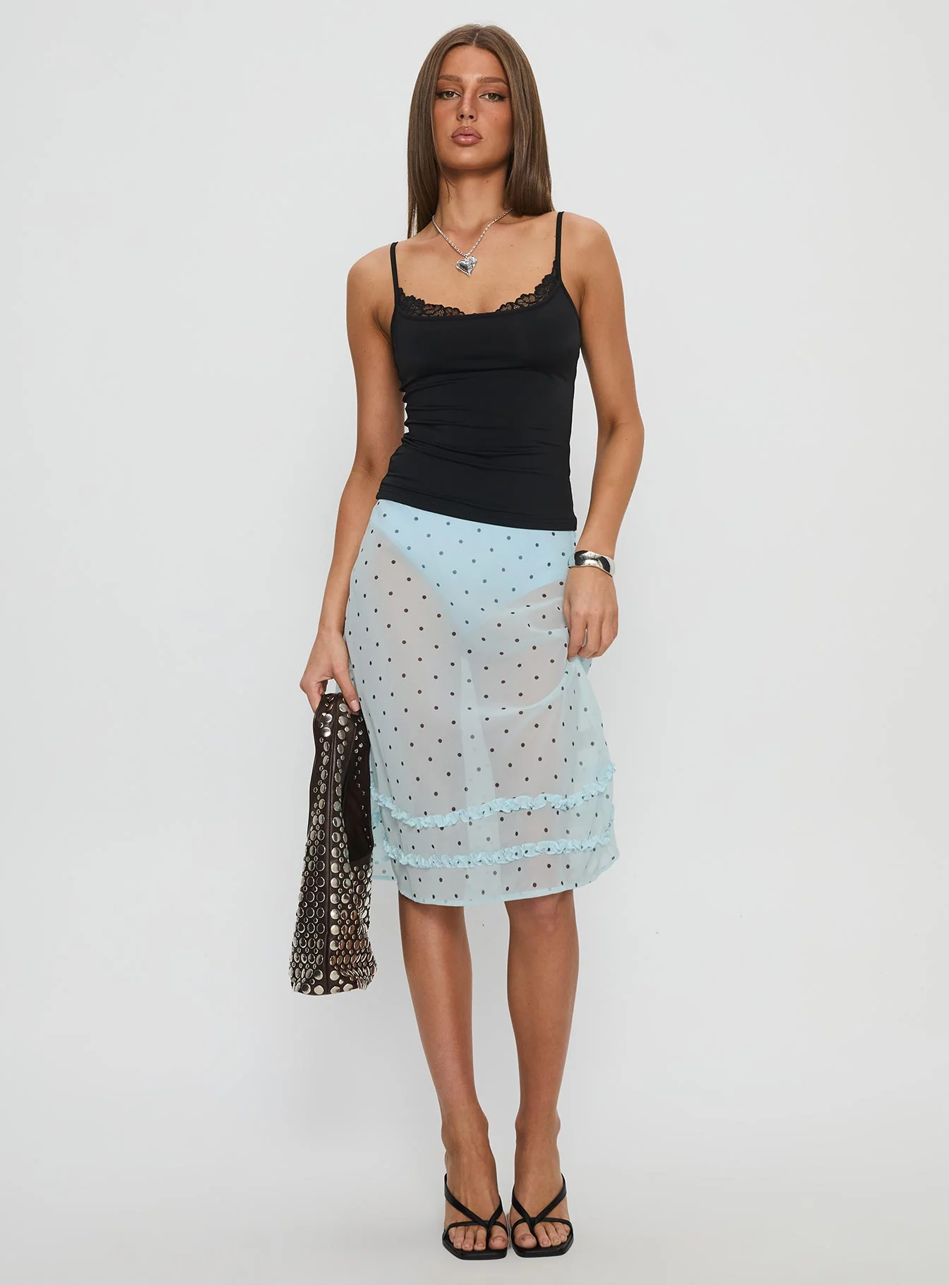 Lyza Sheer Midi Skirt Blue Polka