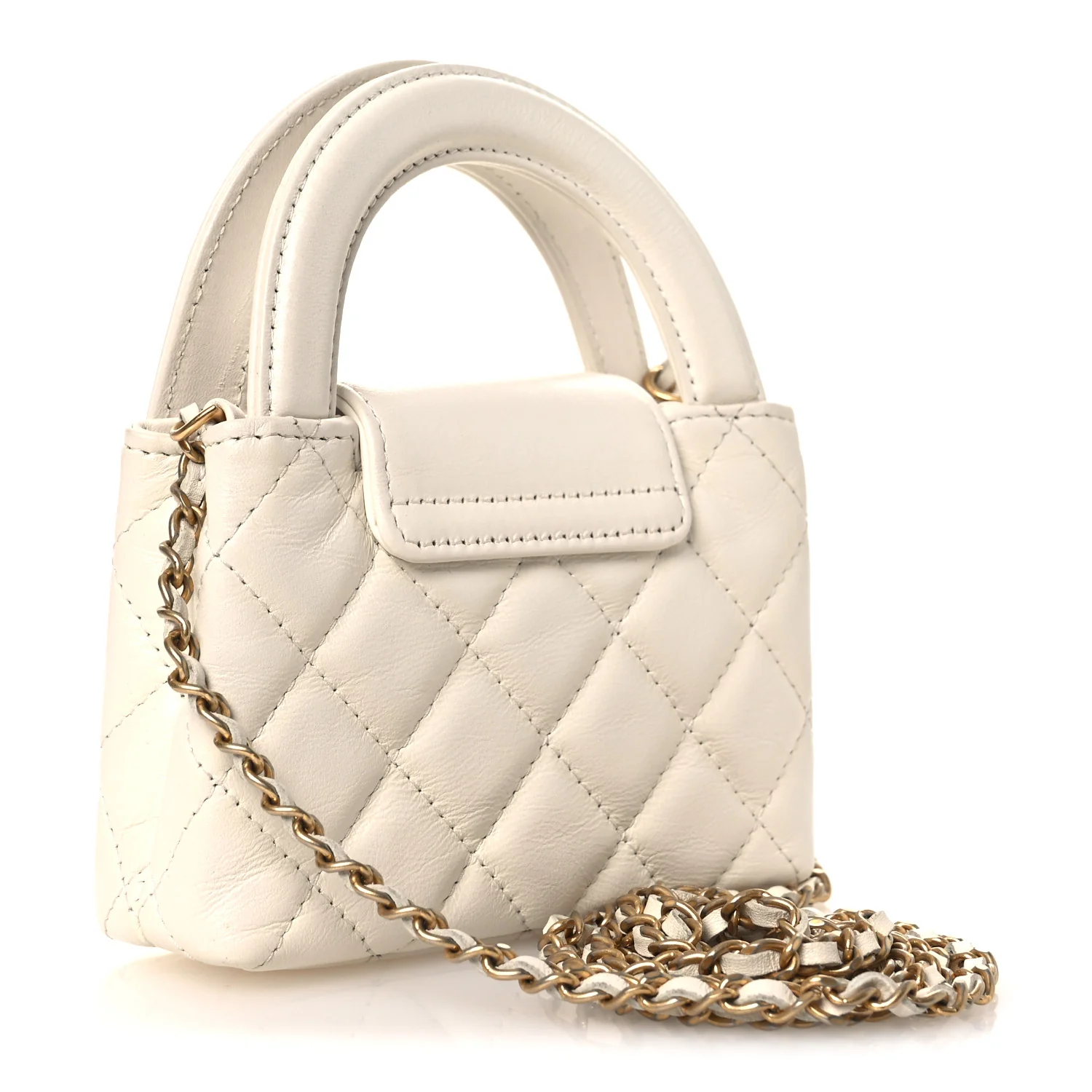 Shiny Aged Calfskin Quilted Mini Nano Kelly Shopper White - Top Club