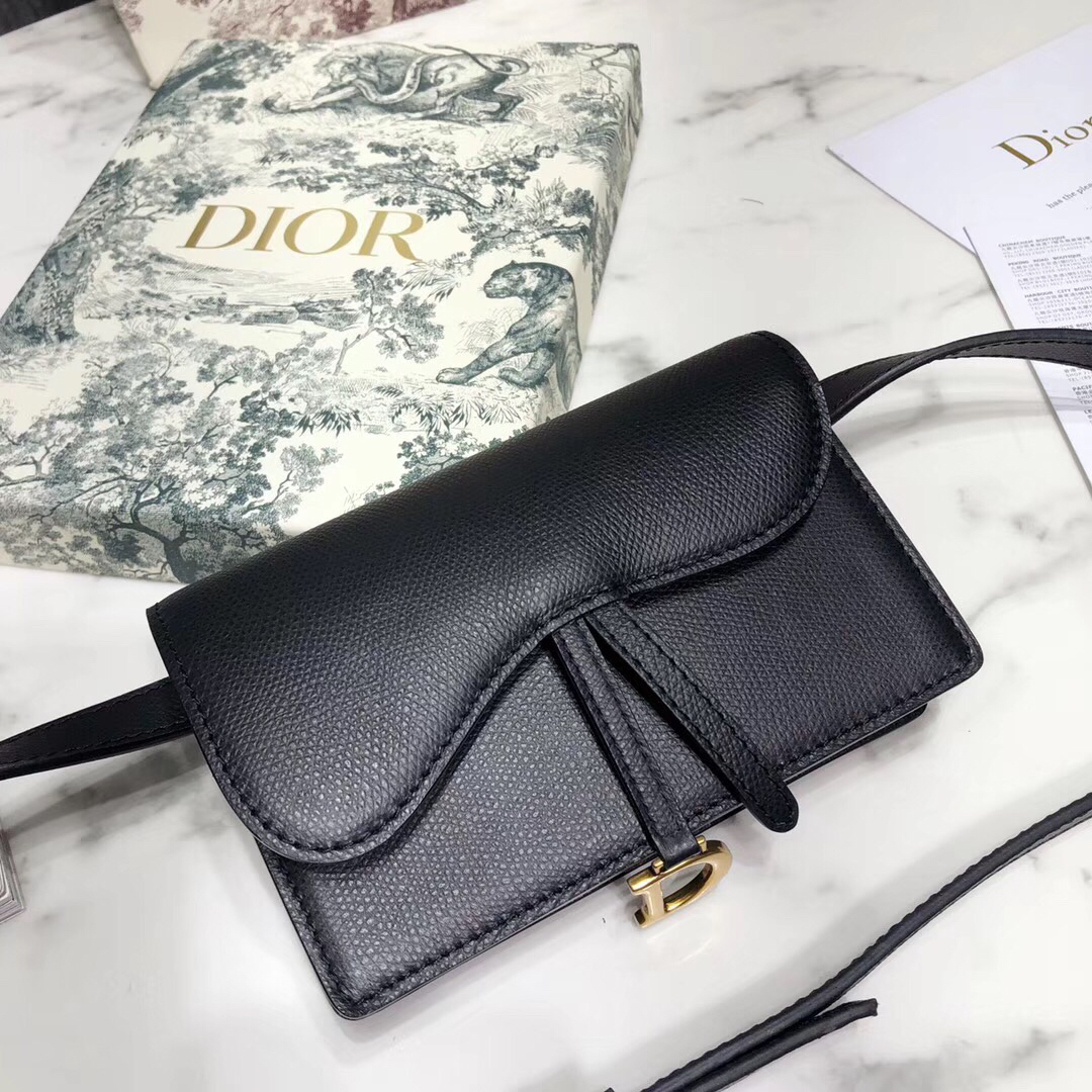 D Black Calfskin Saddle Belt Bag - Top Club