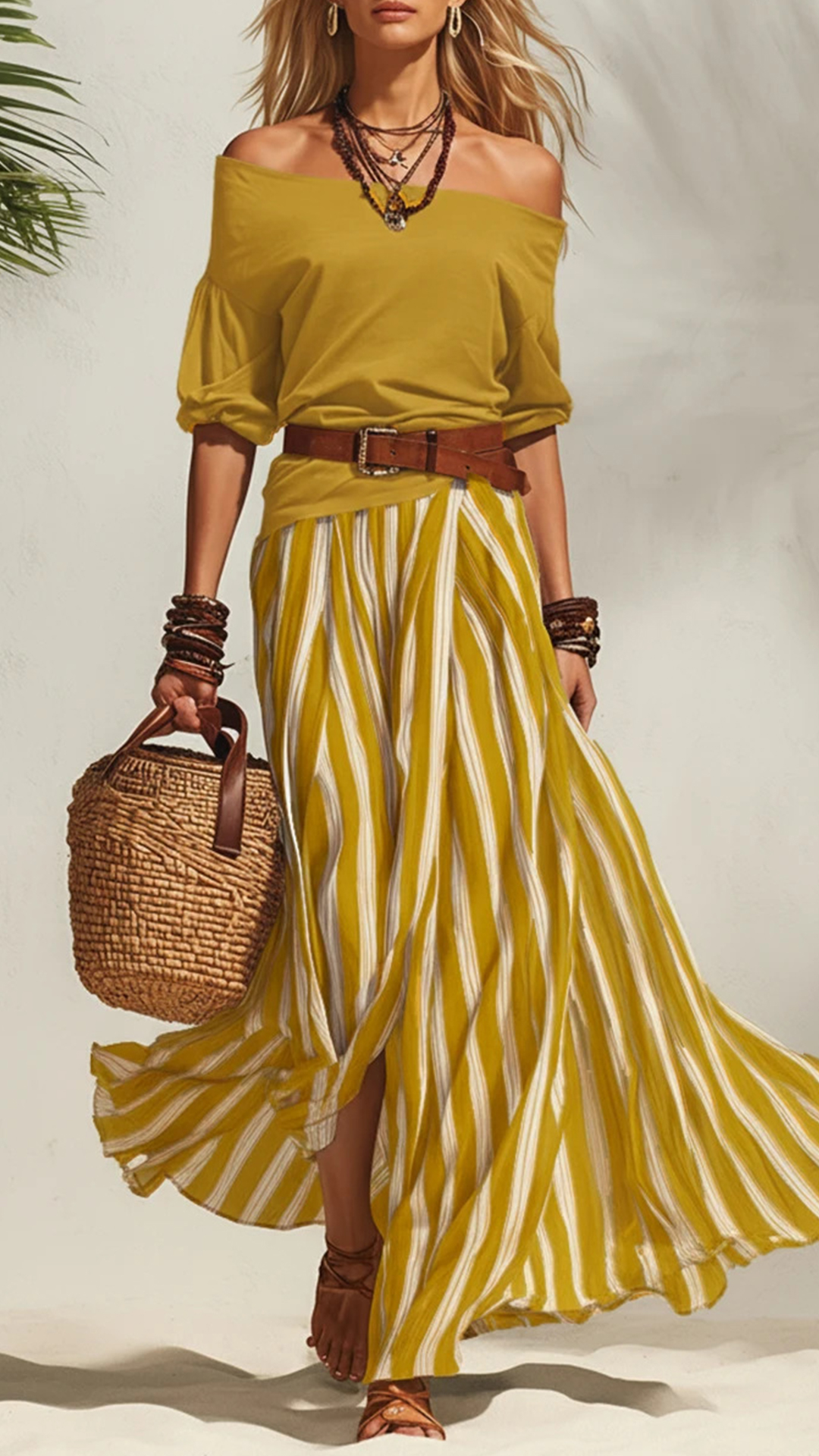 Women's Cotton‑blend Off‑the‑shoulder Mid‑sleeve Top & Blue‑white Striped Slit Maxi Skirt Set - Nordfashionstorm - Women's Clothing, Fashion for You - Nordfashionstorm.com