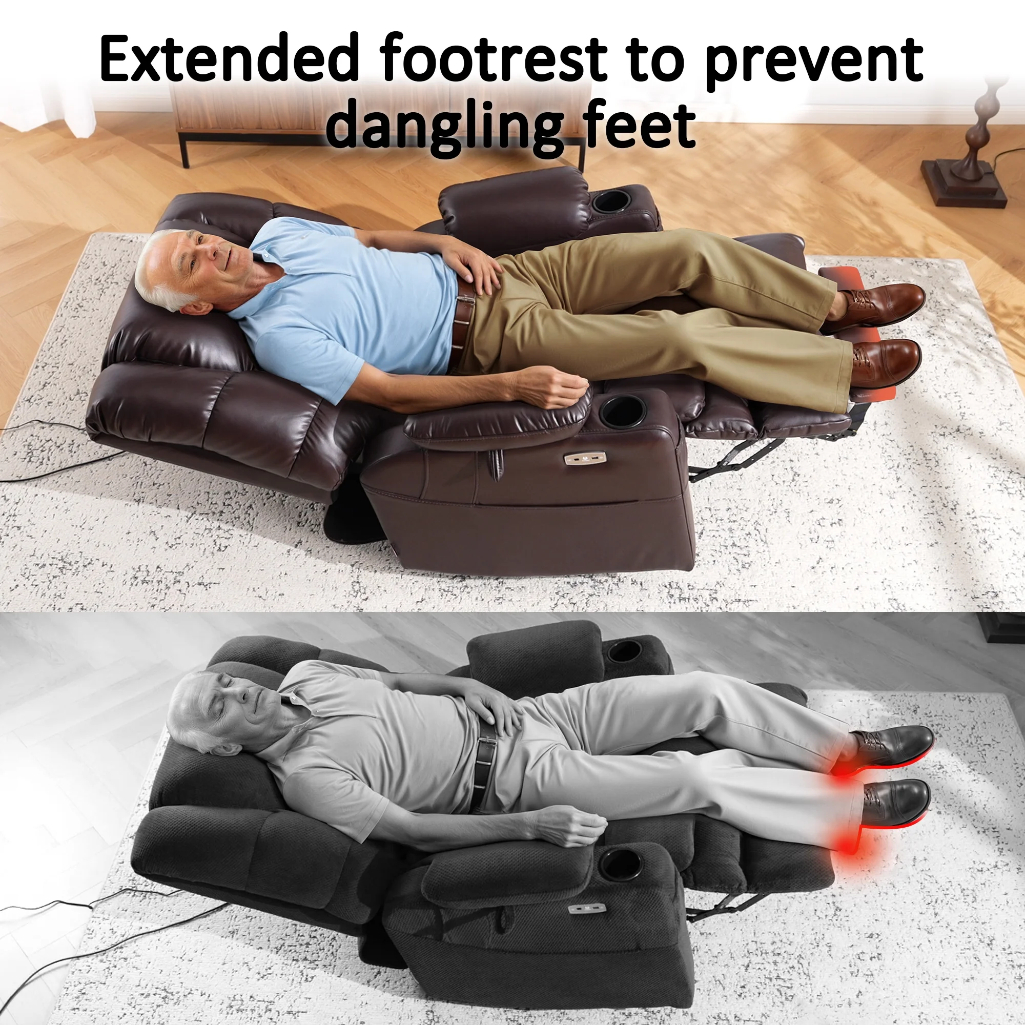 Mcombo Triple Motor Power Lift Recliner for Elderly, Sleep Recliner Sofa with Adjustable Headrest, Faux Leather, Dark Brown