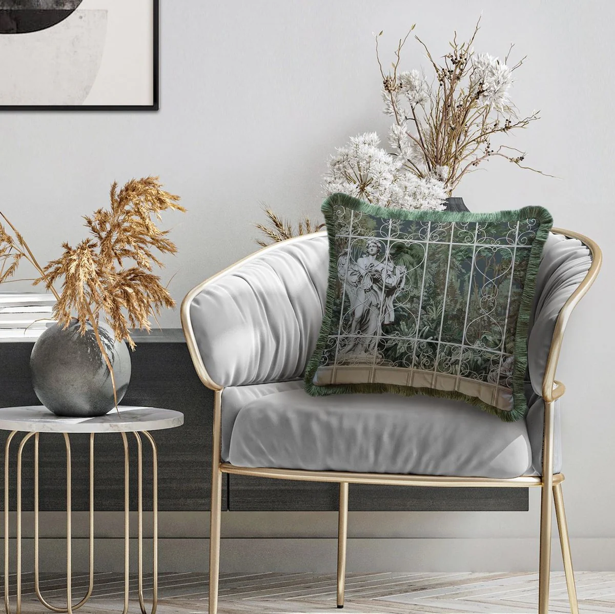 Luxury Baroque decorative cushion sculpture gray / brown / green 45 x 45 cm - Printed velvet cushion with fringes - Luxury Baroque decorative accessories