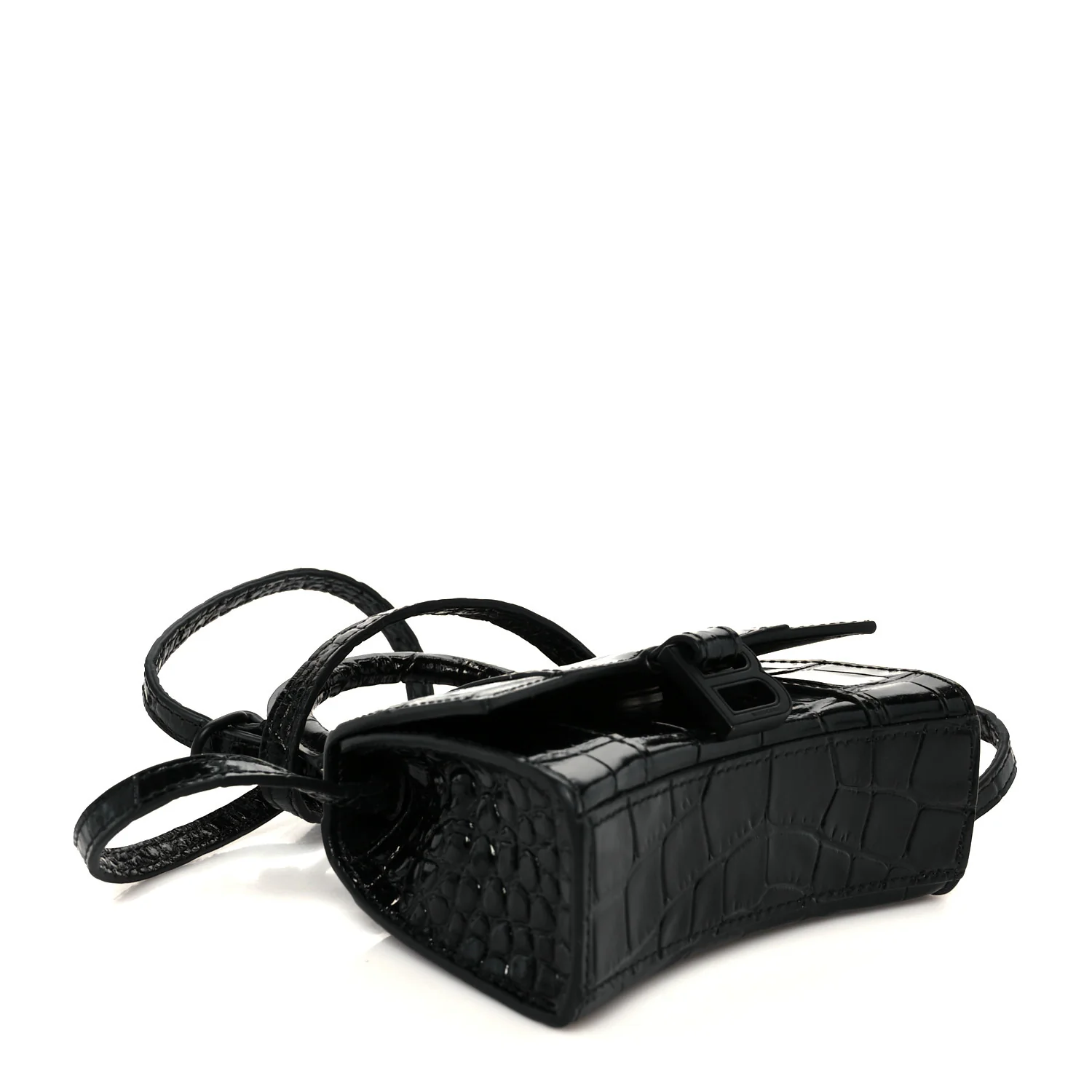 Shiny Calfskin Monochrome Crocodile Embossed Hourglass Top Handle Bag Mini Black - Top Club