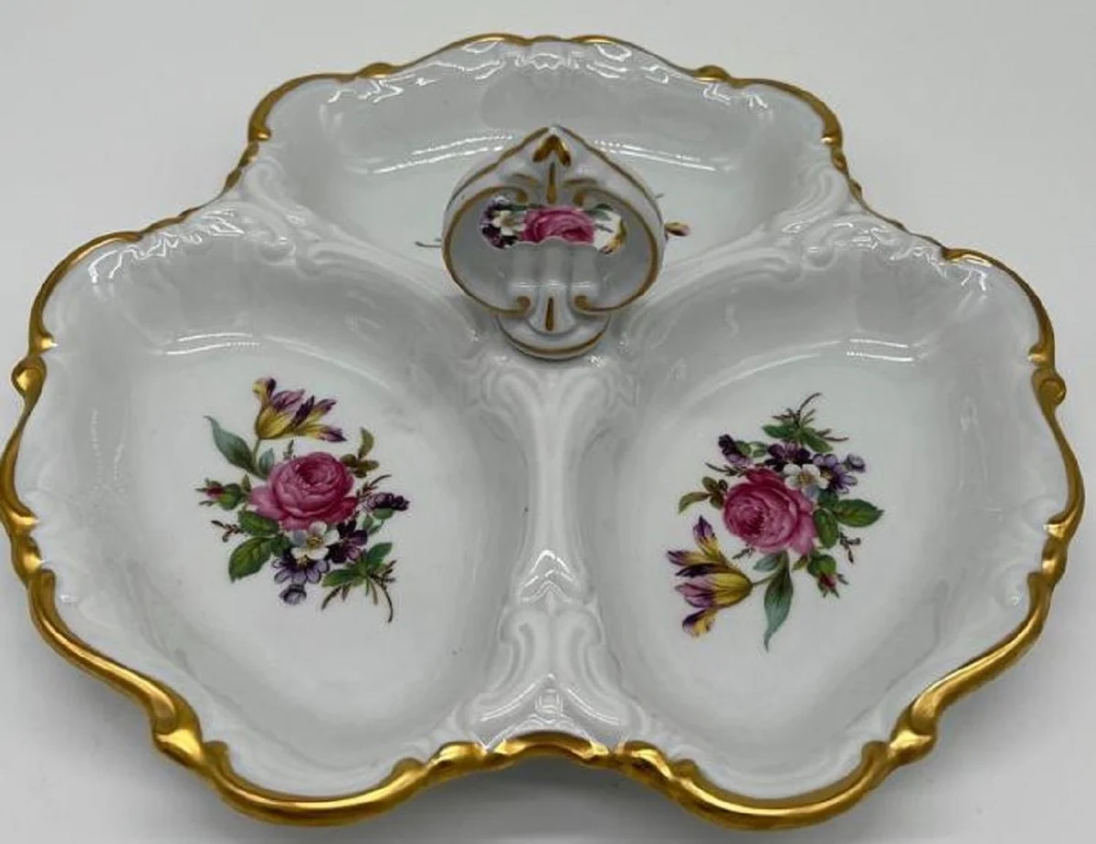 Luxury Baroque Porcelain Serving Bowl with Carrying Handle White / Multicolored / Gold Ø 25 cm - Pastry & Nut Bowl - Luxury Baroque Accessories - Reichenbach Porcelain - Made in Germany
