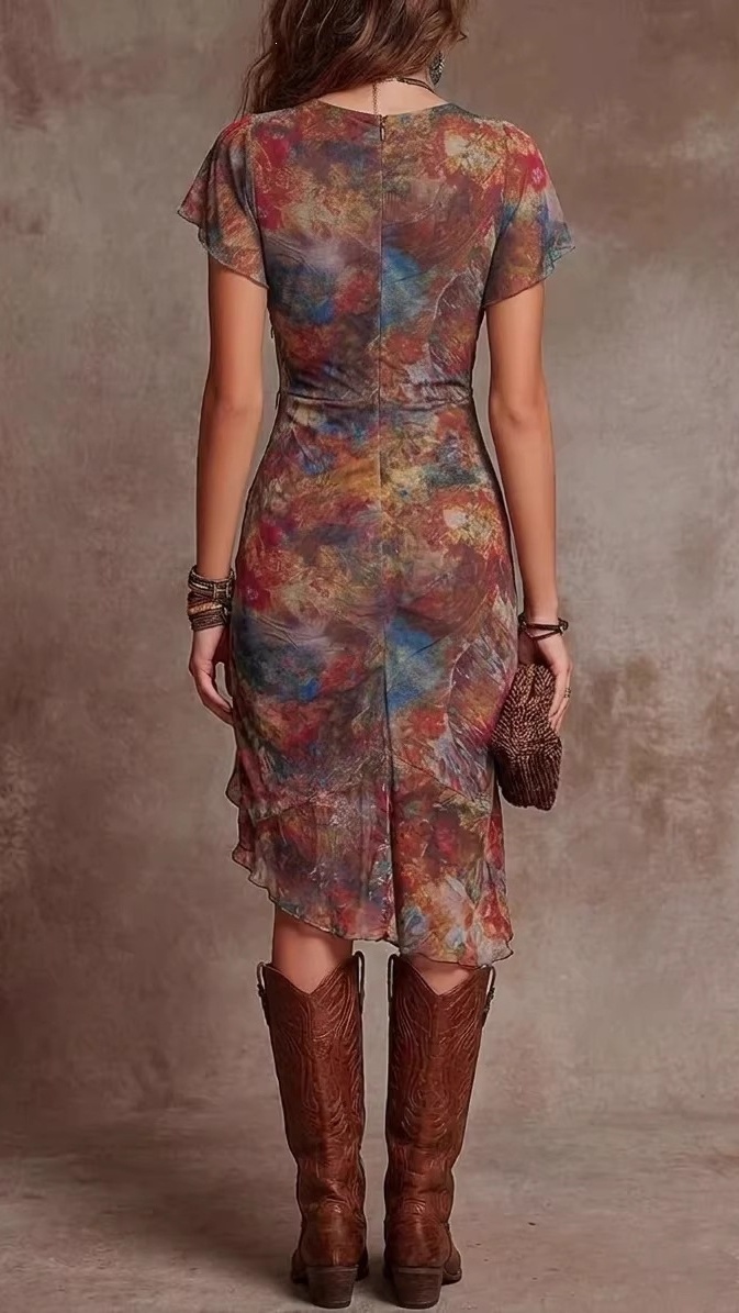 Women's Printed V-Neck Fitted Waist Dress - Nordfashionstorm - Women's Clothing, Fashion for You - Nordfashionstorm.com