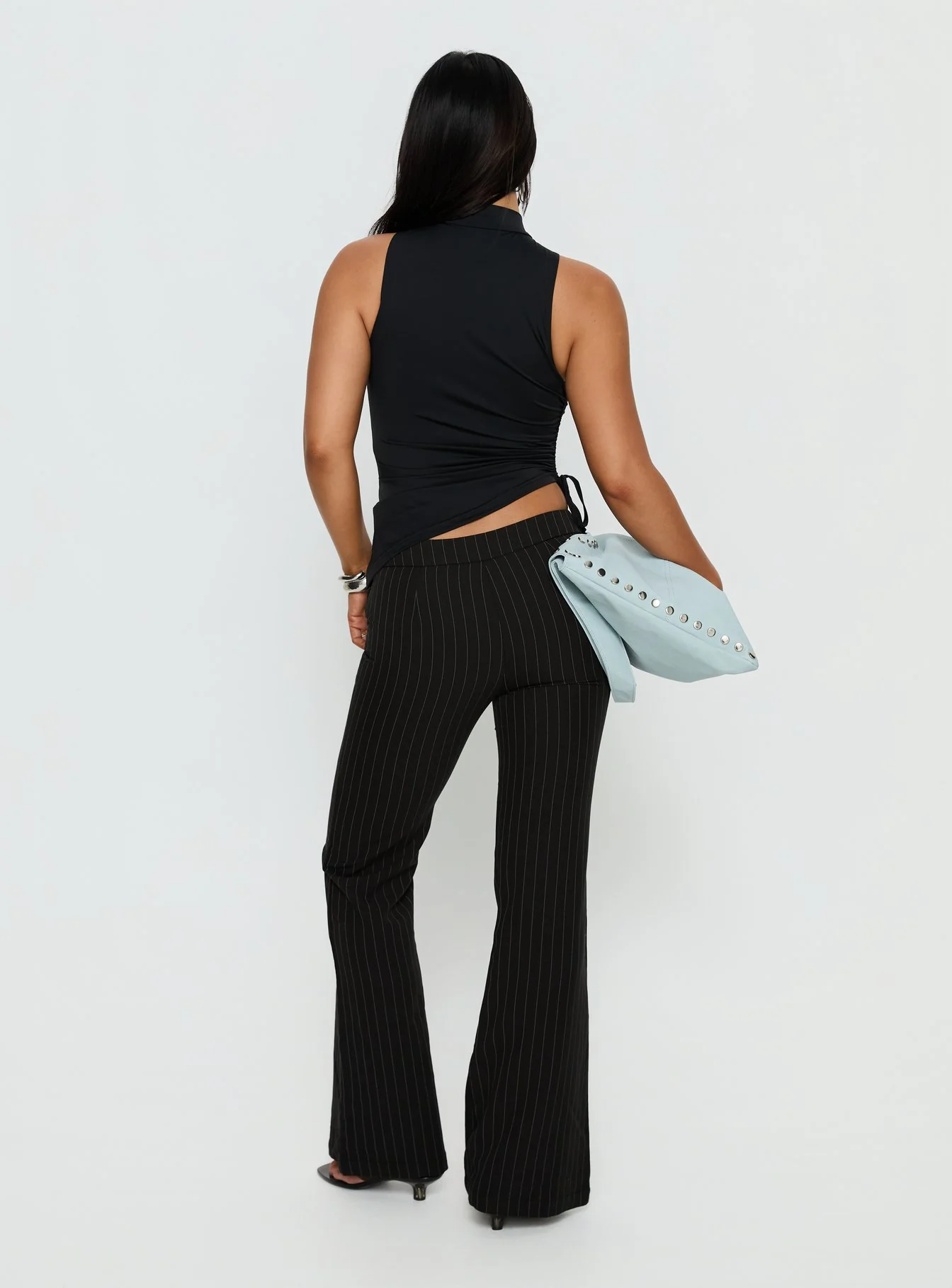 Louder Please Tie Side Straight Leg Pants Black Pinstripe