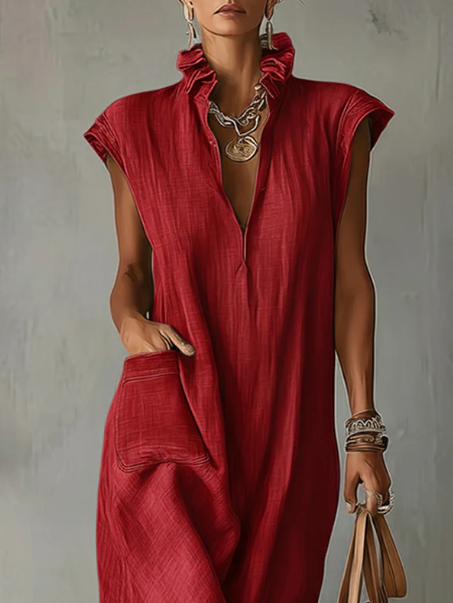 Women’s Ruffle Collar Cotton Linen Midi Dress – Elegant Summer Dress - Nordfashionstorm - Women's Clothing, Fashion for You - Nordfashionstorm.com