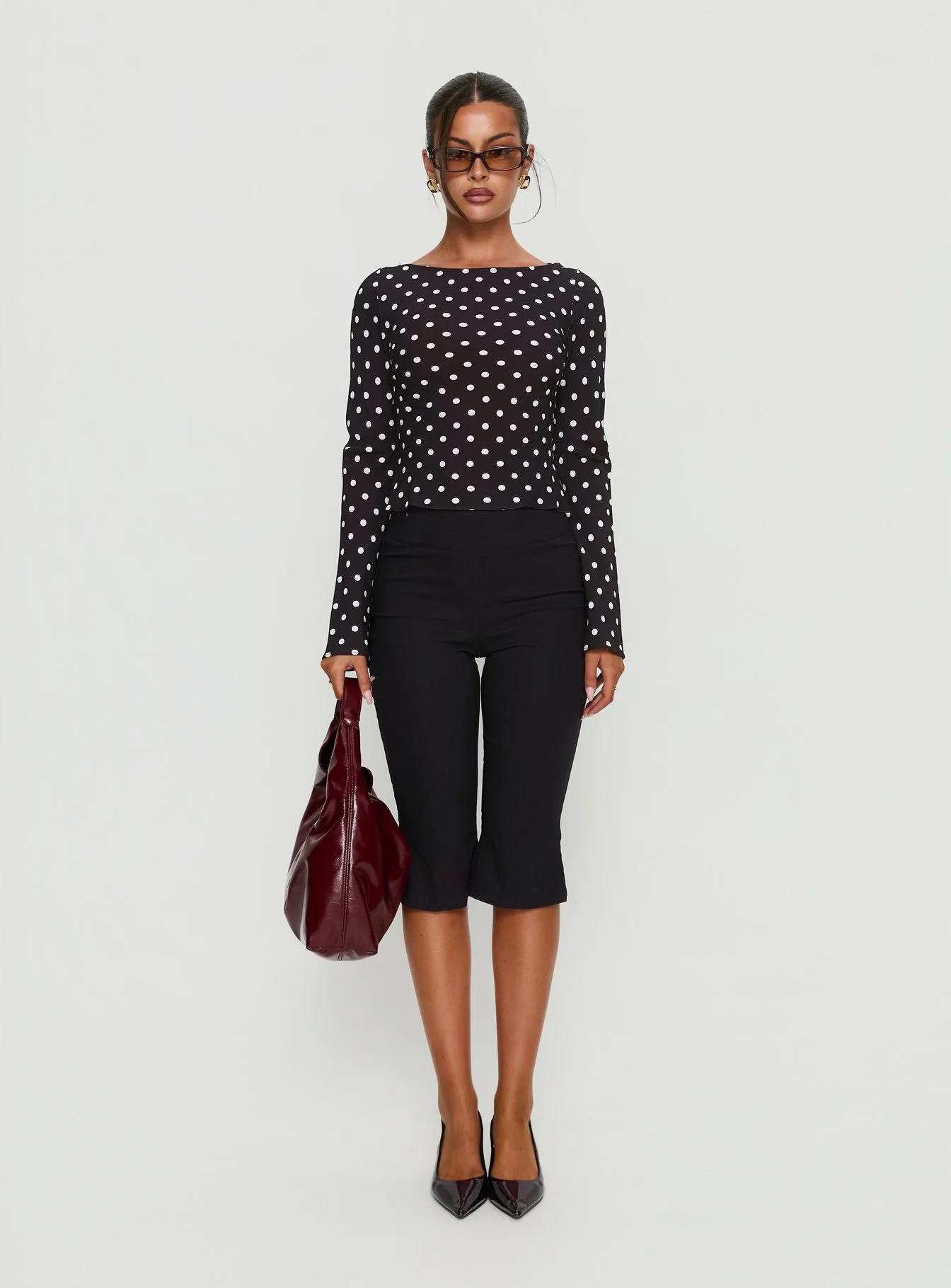 Lady Lady Long Sleeve Backless Top Black / White Polka
