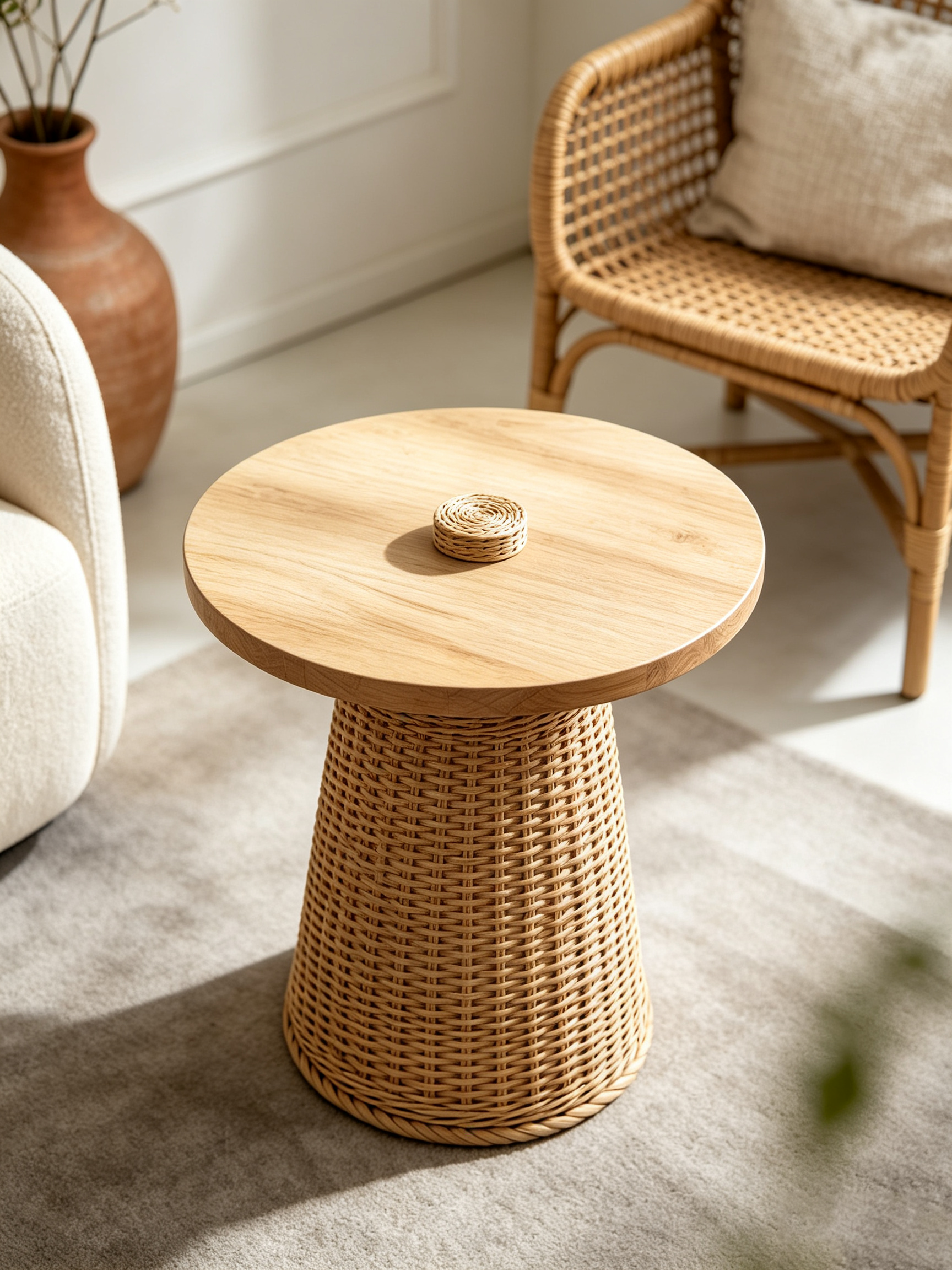 Round Wood Top Rattan Woven Side Table