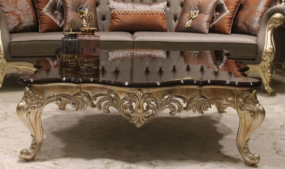 Luxury baroque coffee table dark brown / gold 145 x 145 x H. 45 cm - magnificent solid wood living room table with elegant decorations - baroque living room furniture
