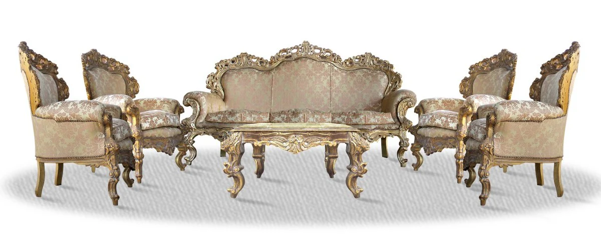 Baroque sofa set of 3 sofas, 4 armchairs and table with glass top - antique style living room